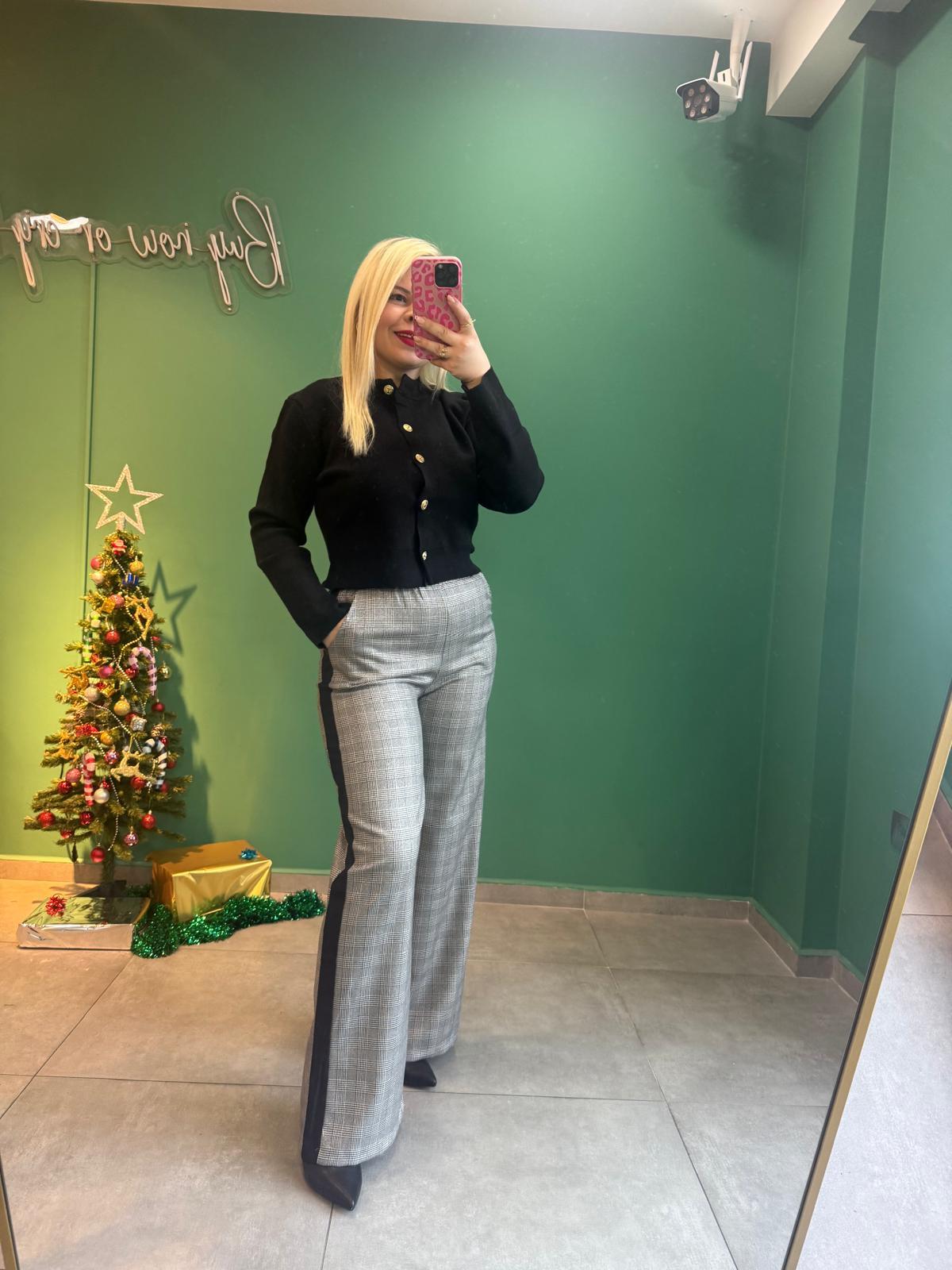 Yan Şeritli Siyah Ekose Pantalon
