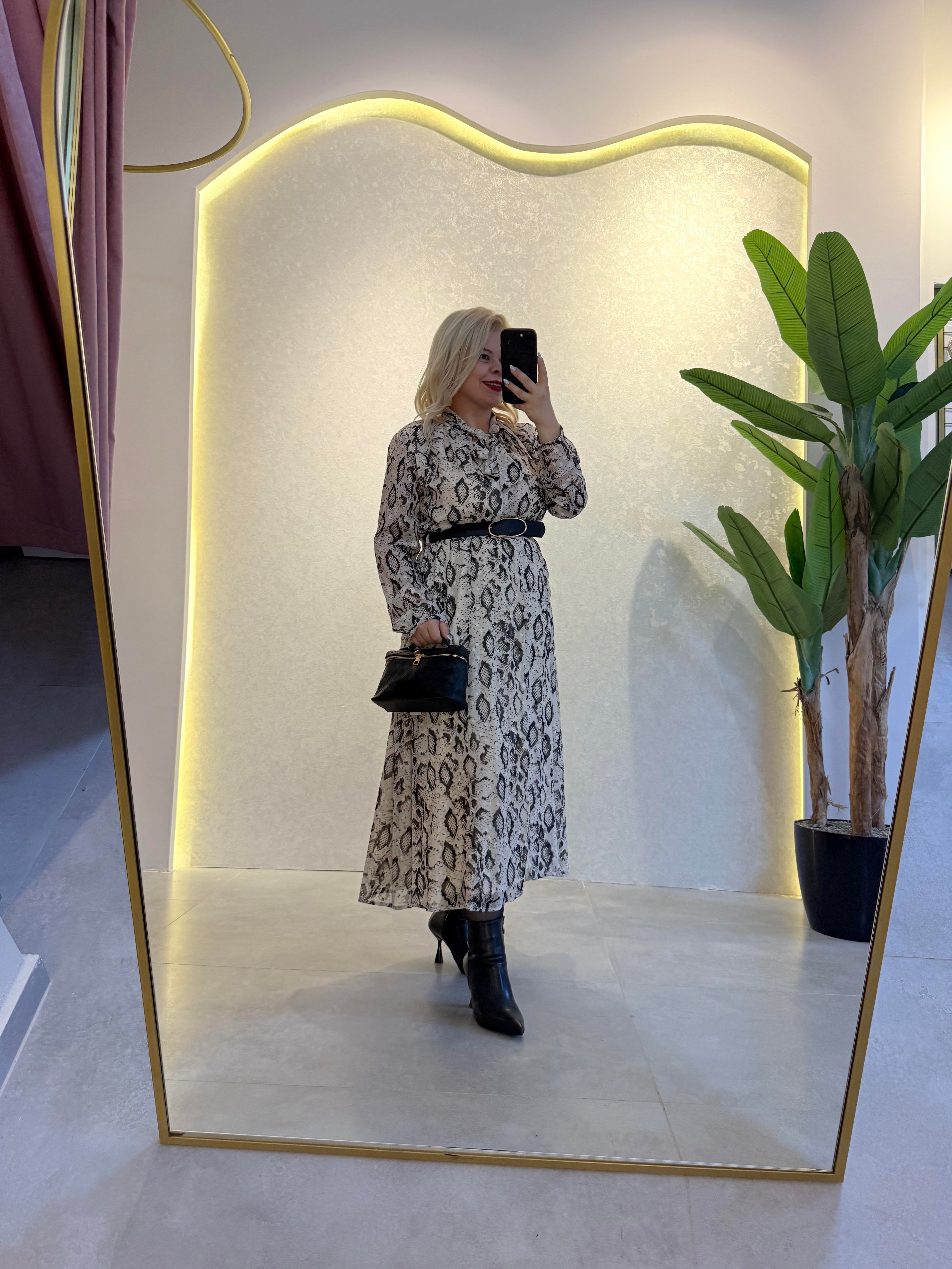 Yılan Desen Kemerli Maxi Elbise