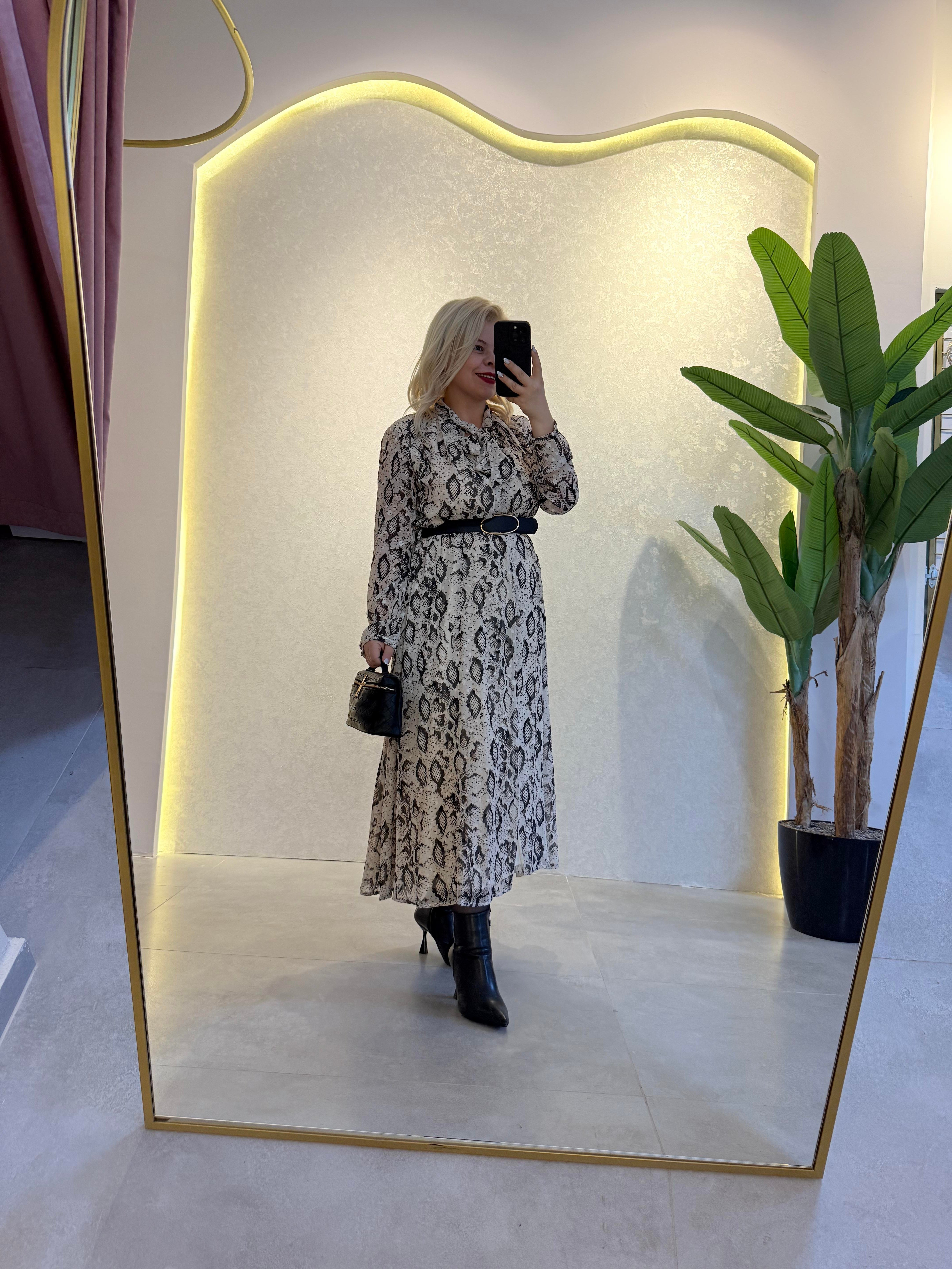 Yılan Desen Kemerli Maxi Elbise