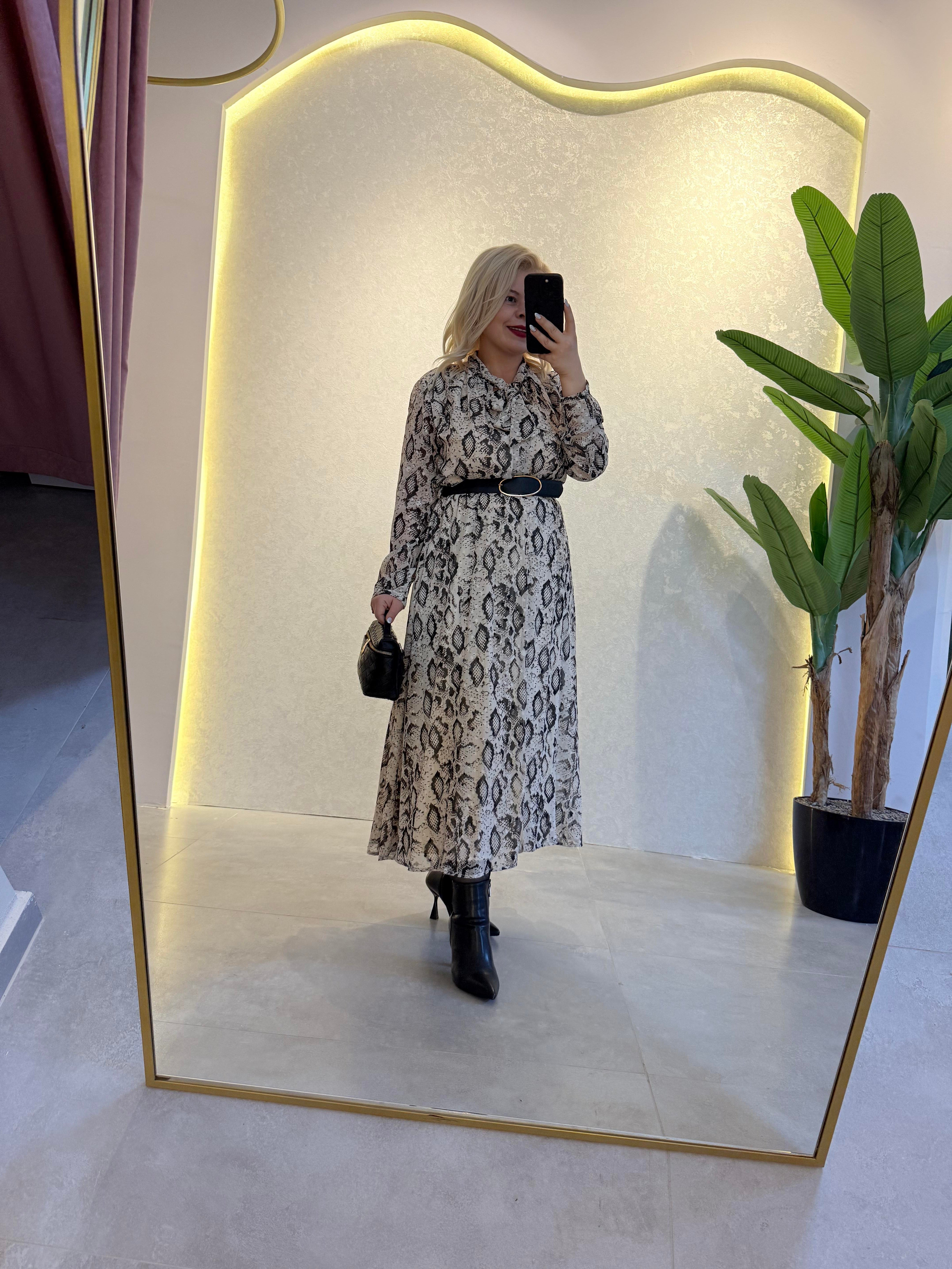Yılan Desen Kemerli Maxi Elbise