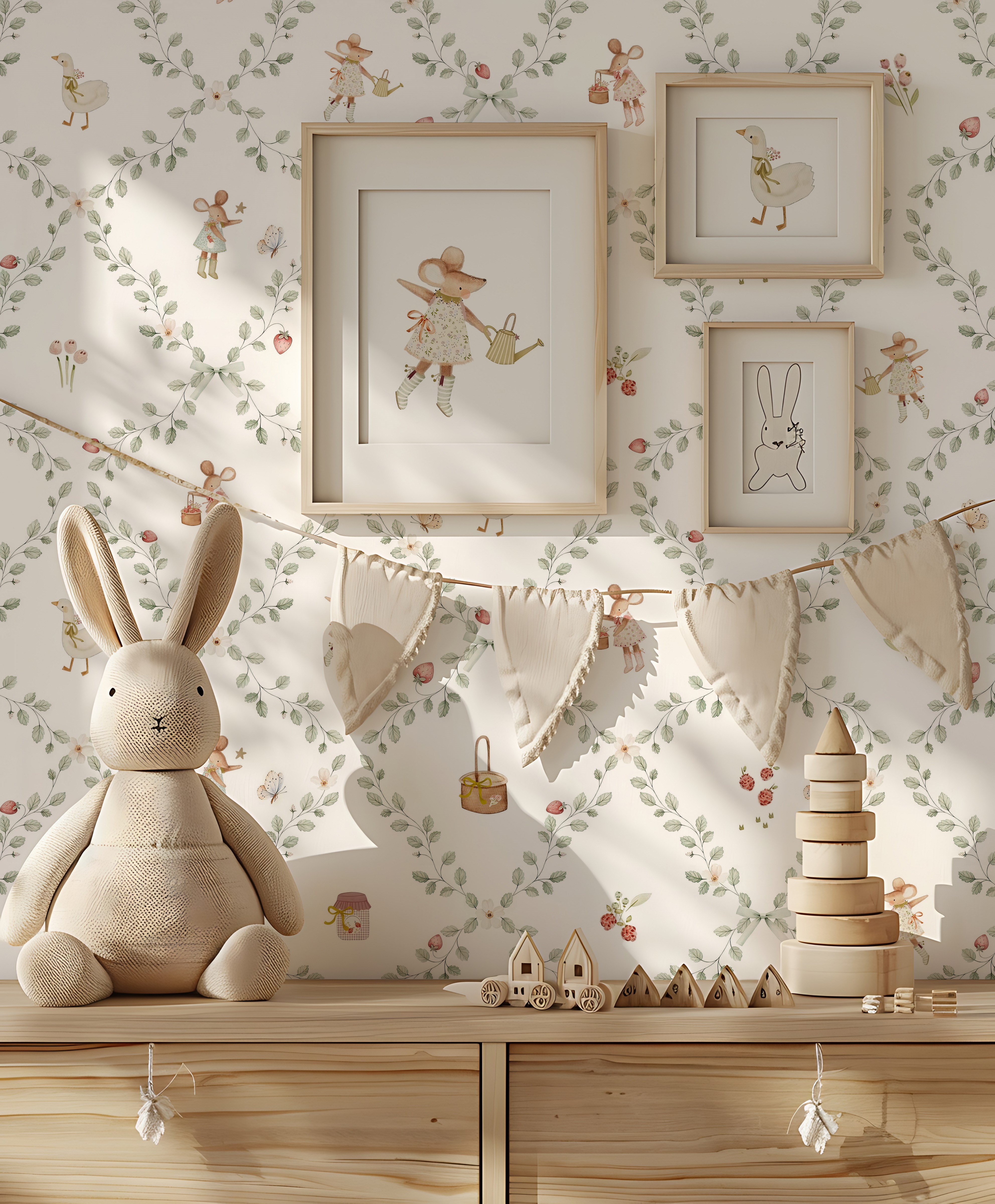 Çilekler ve Yapraklar Minimal Fareler Piknik Konsept Bebek & Çocuk Odası Duvar Kağıdı