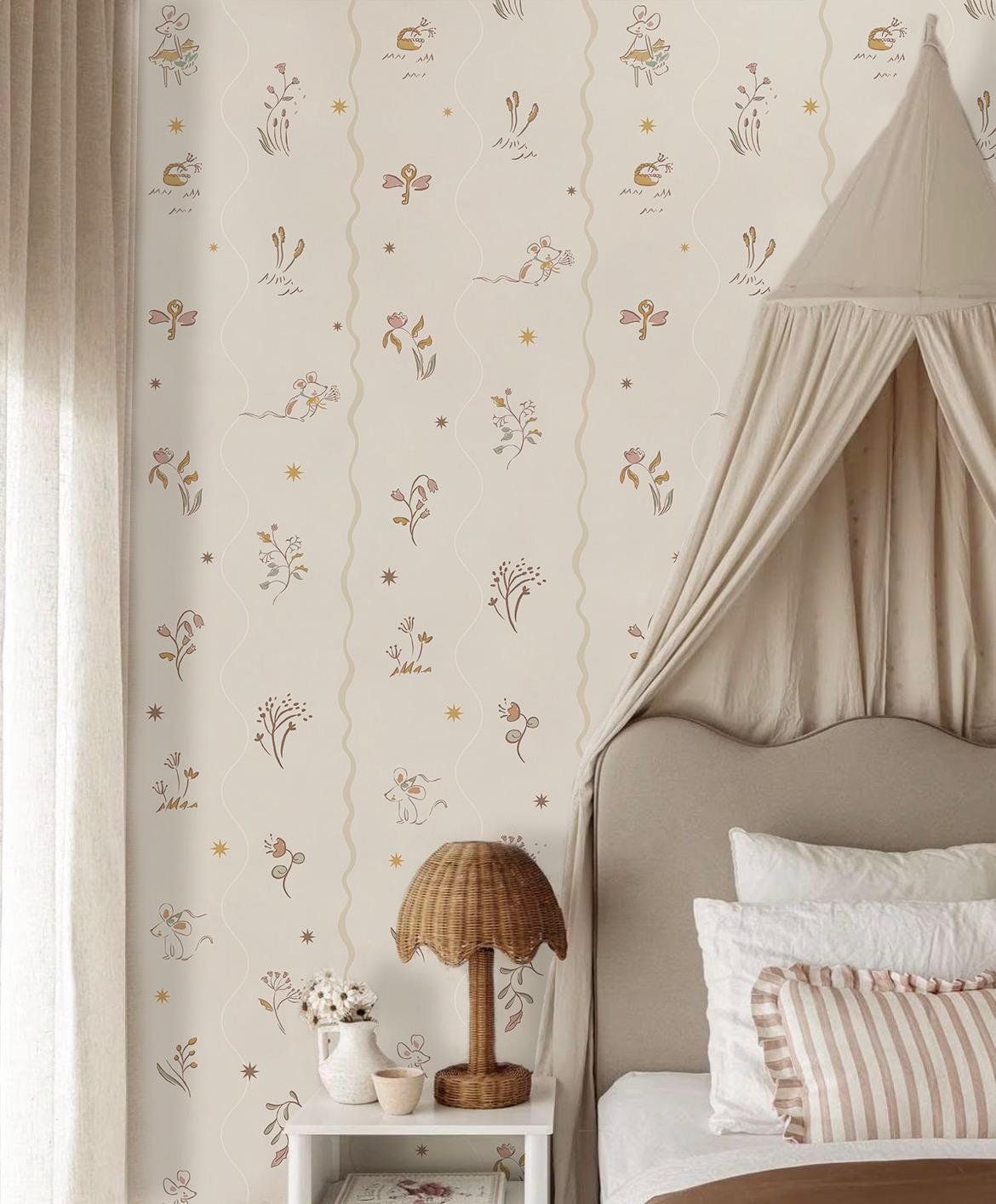 Dalgalı Çizgiler ve Minimal Bitkiler Soft Bebek & Çocuk Odası Duvar Kağıdı