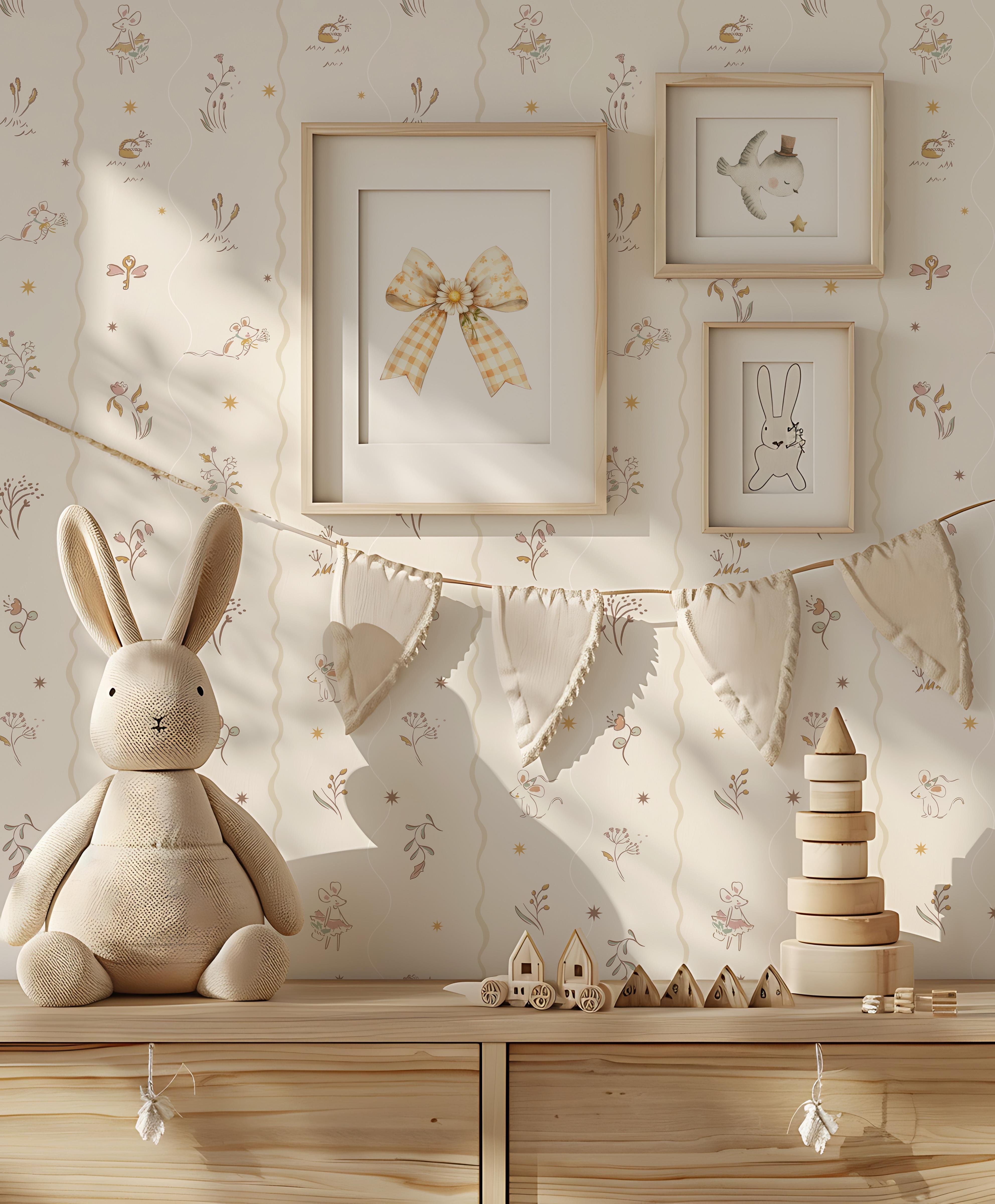 Dalgalı Çizgiler ve Minimal Bitkiler Soft Bebek & Çocuk Odası Duvar Kağıdı
