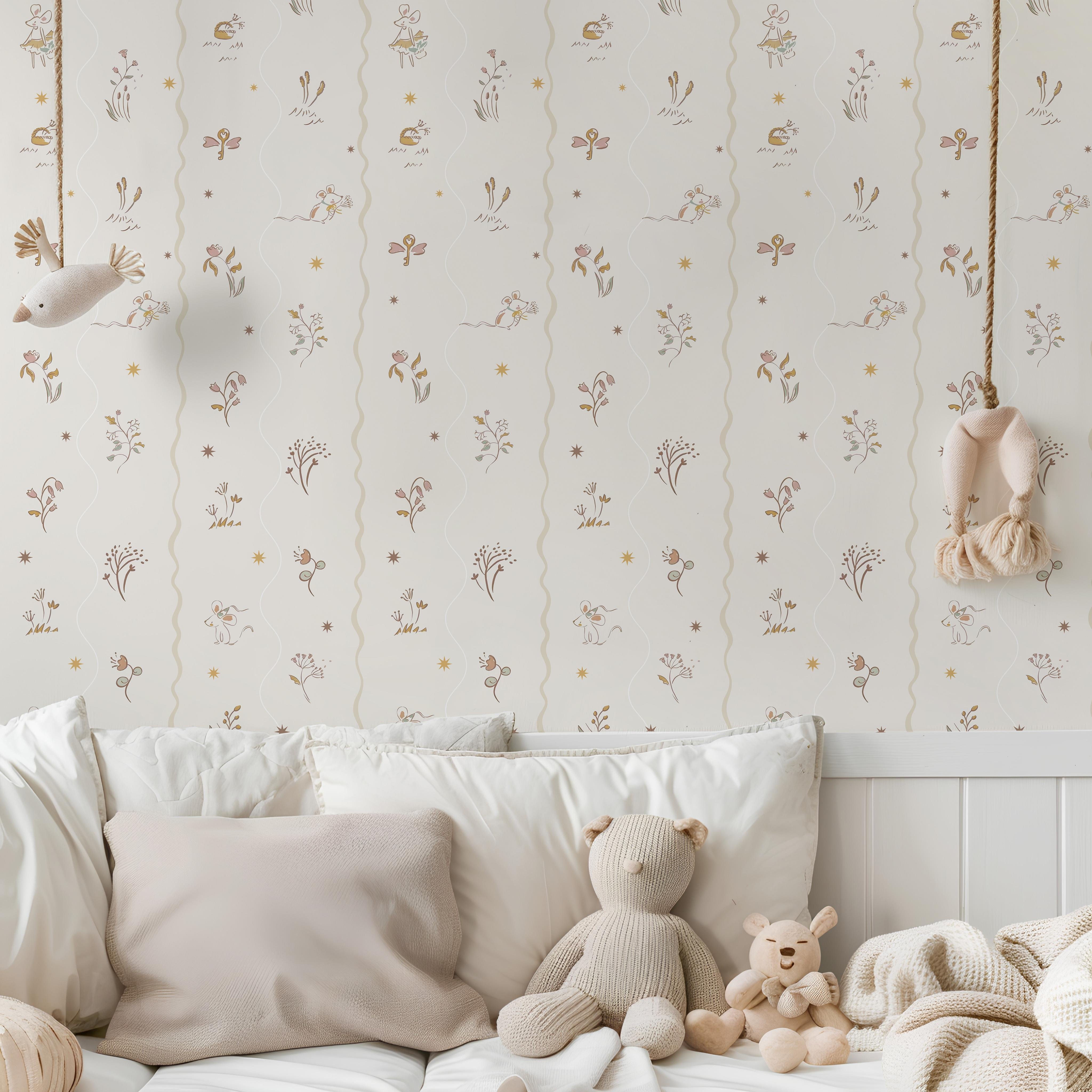 Dalgalı Çizgiler ve Minimal Bitkiler Soft Bebek & Çocuk Odası Duvar Kağıdı