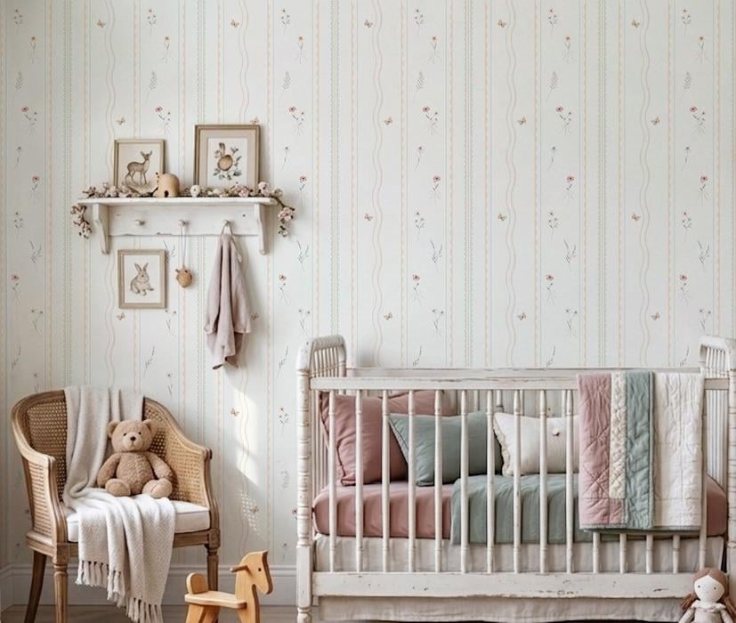 Dalgalı Şeritler ve Çiçekler Bebek & Çocuk Odası Duvar Kağıdı