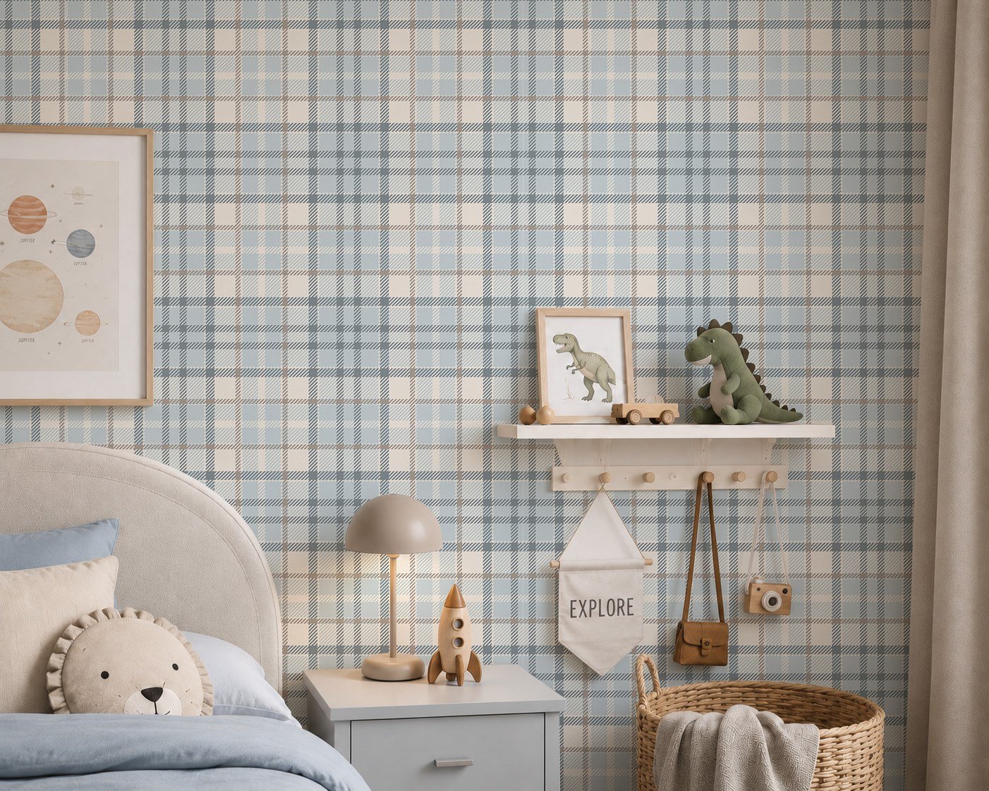 Ekose Desen Mavi Kahve Çizgiler Bebek & Çocuk Odası Duvar Kağıdı