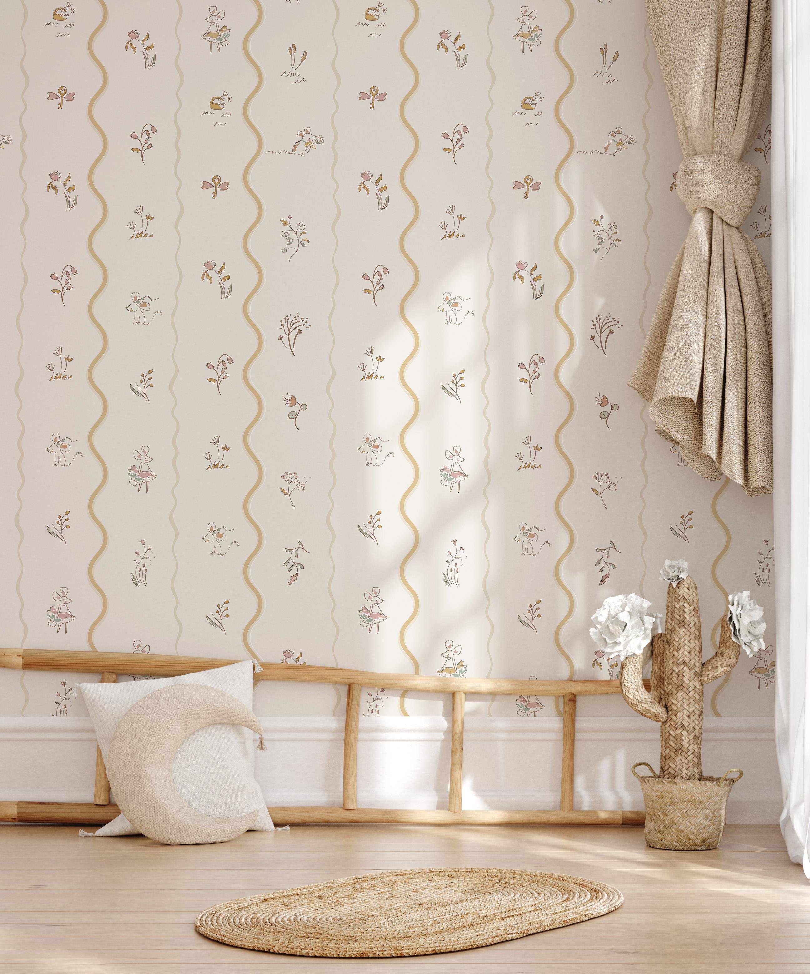 Gold Dalgalı Çizgiler ve Minimal Bitkiler Soft Bebek & Çocuk Odası Duvar Kağıdı