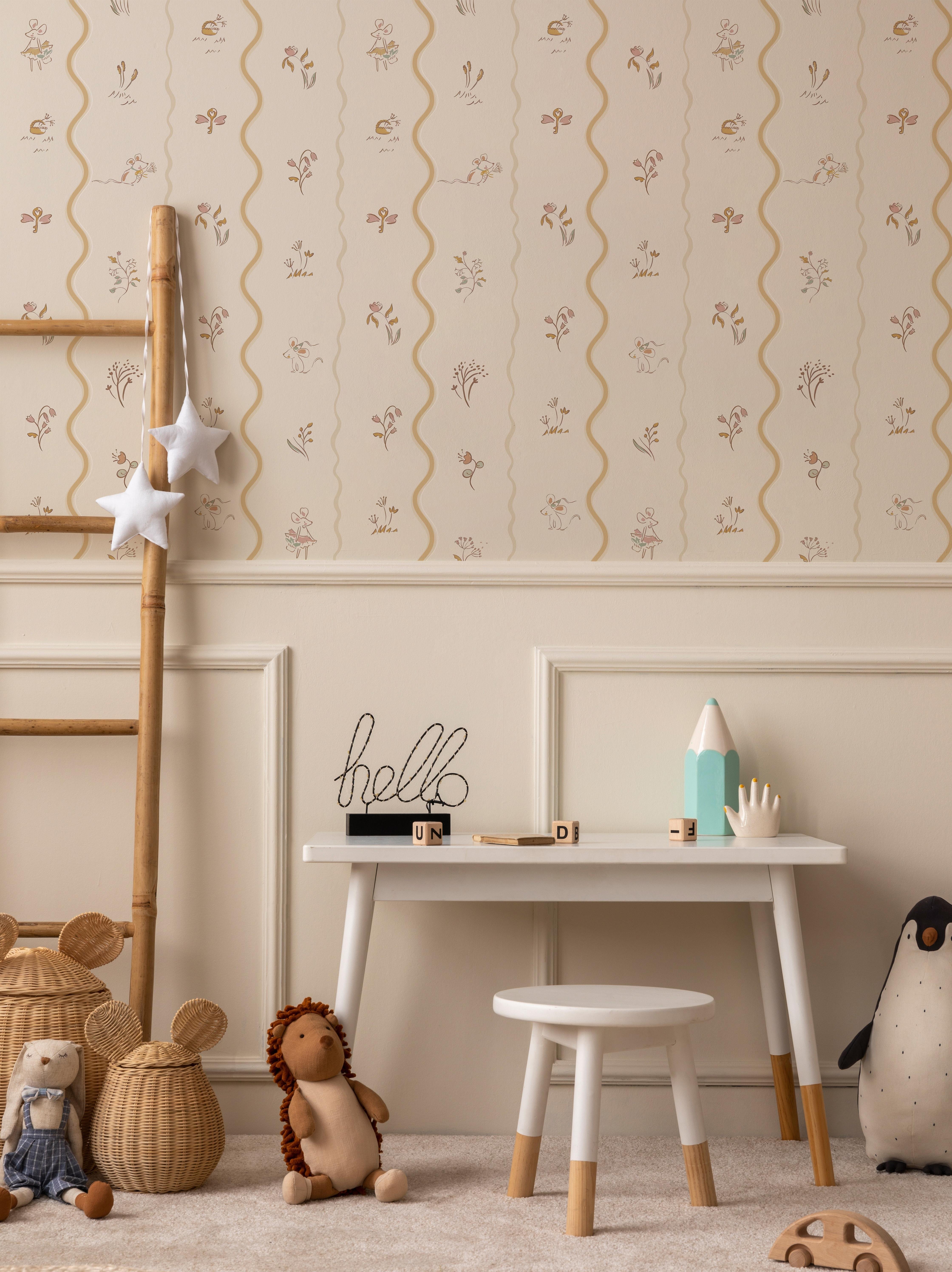 Gold Dalgalı Çizgiler ve Minimal Bitkiler Soft Bebek & Çocuk Odası Duvar Kağıdı
