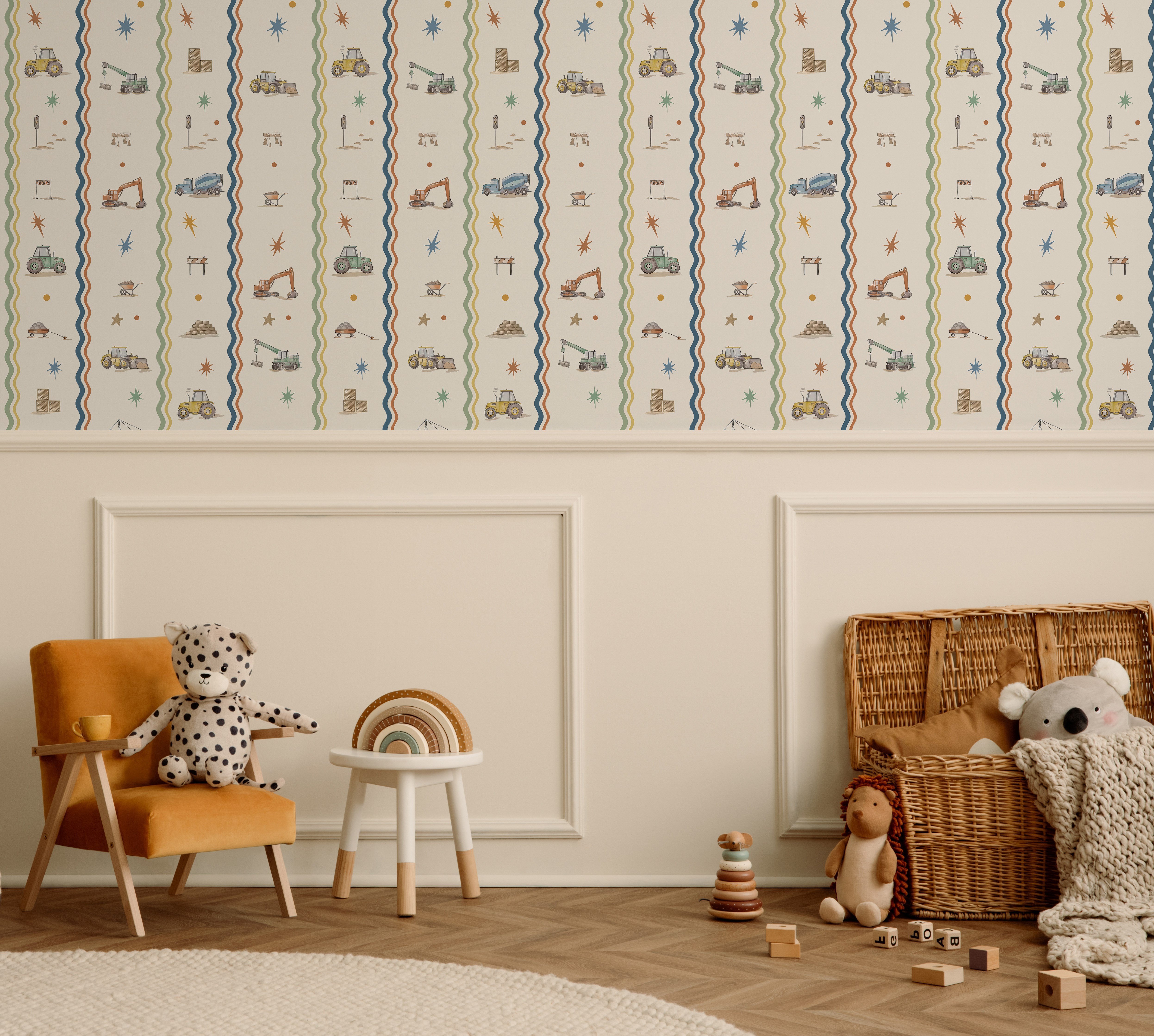 İş Makinaları Dalgalı Retro Şeritler Bebek & Çocuk Odası Duvar Kağıdı