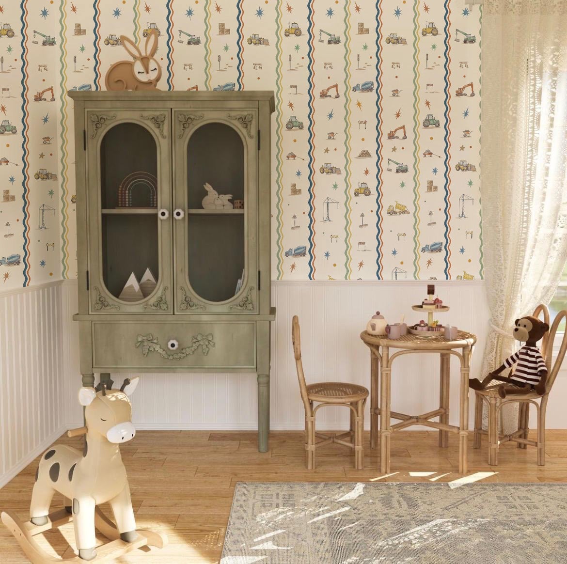 İş Makinaları Dalgalı Retro Şeritler Bebek & Çocuk Odası Duvar Kağıdı