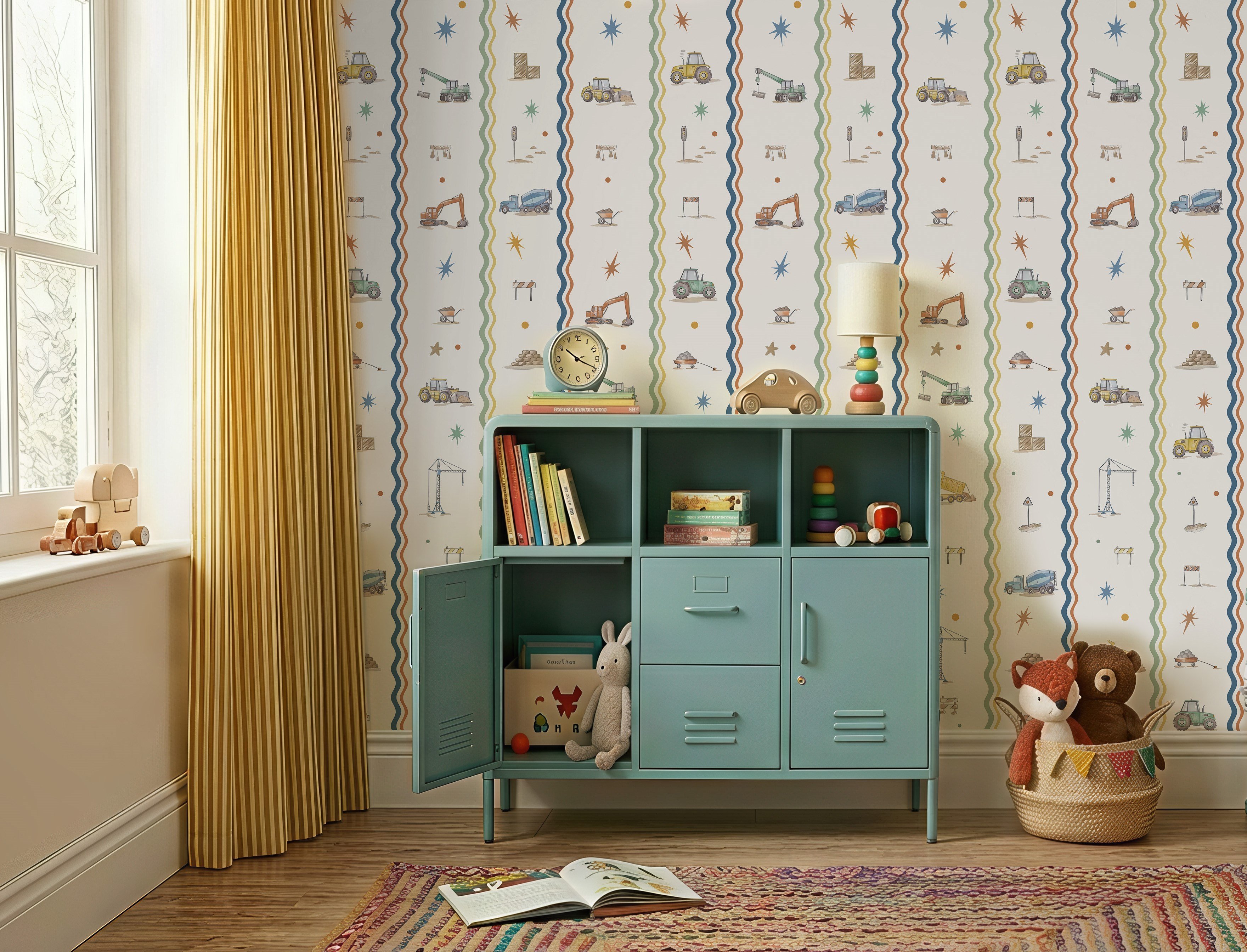 İş Makinaları Dalgalı Retro Şeritler Bebek & Çocuk Odası Duvar Kağıdı