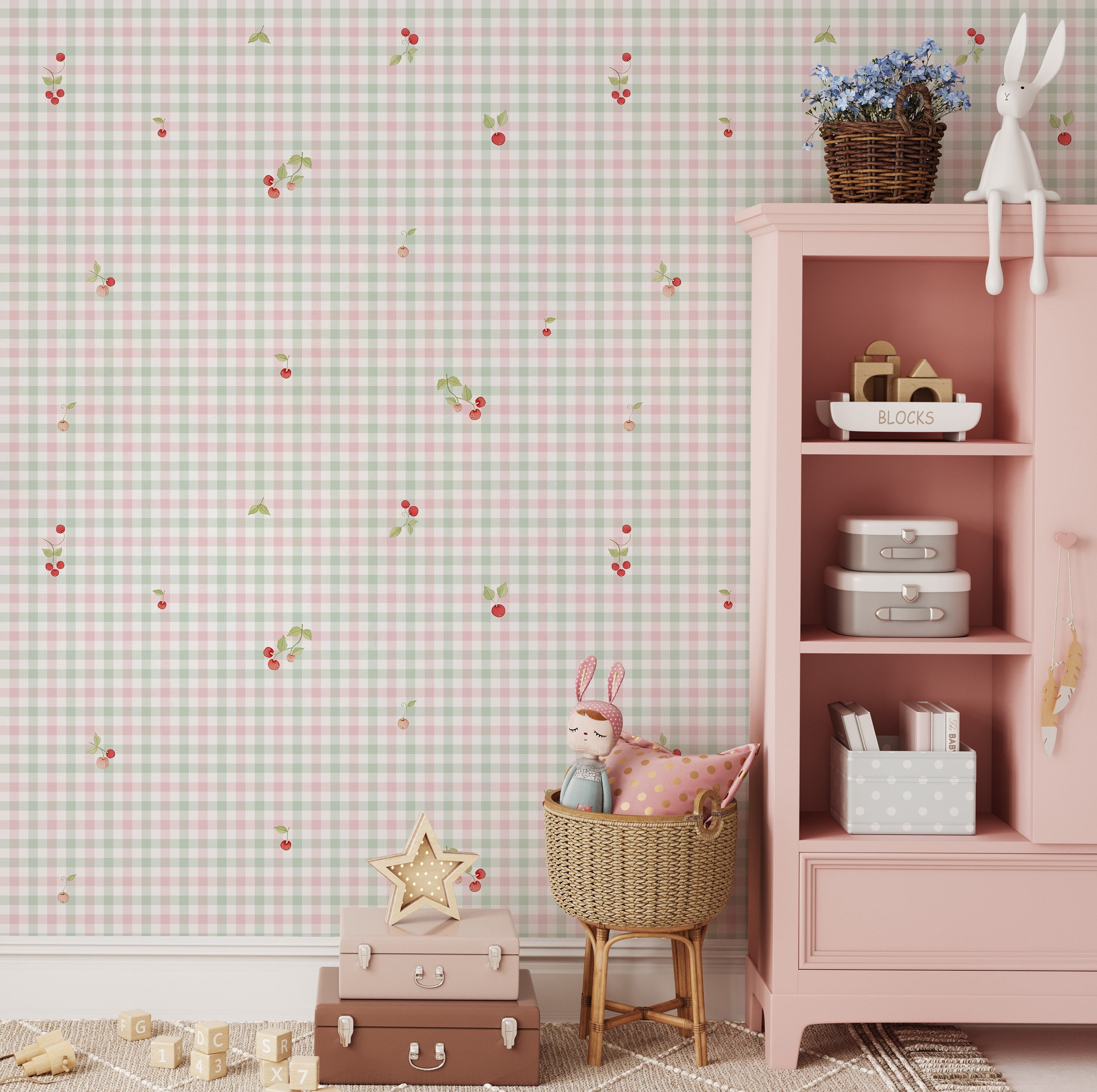 Kirazlar Soft Yeşil Pembe Pötikare Bebek & Çocuk Odası Duvar Kağıdı
