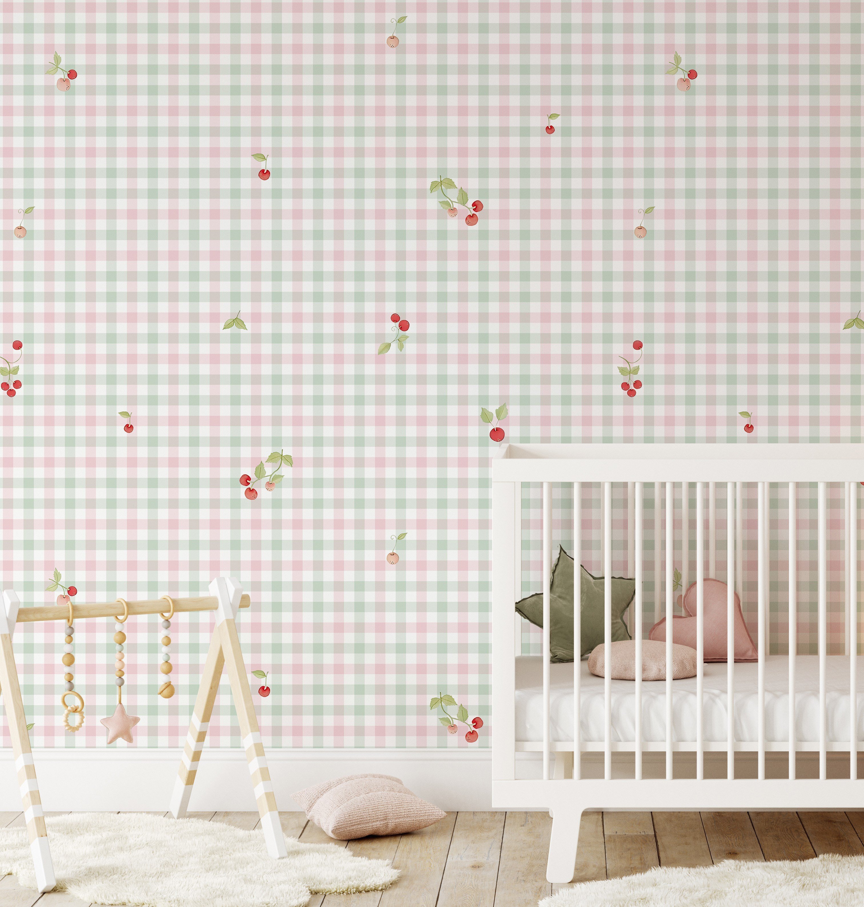 Kirazlar Soft Yeşil Pembe Pötikare Bebek & Çocuk Odası Duvar Kağıdı