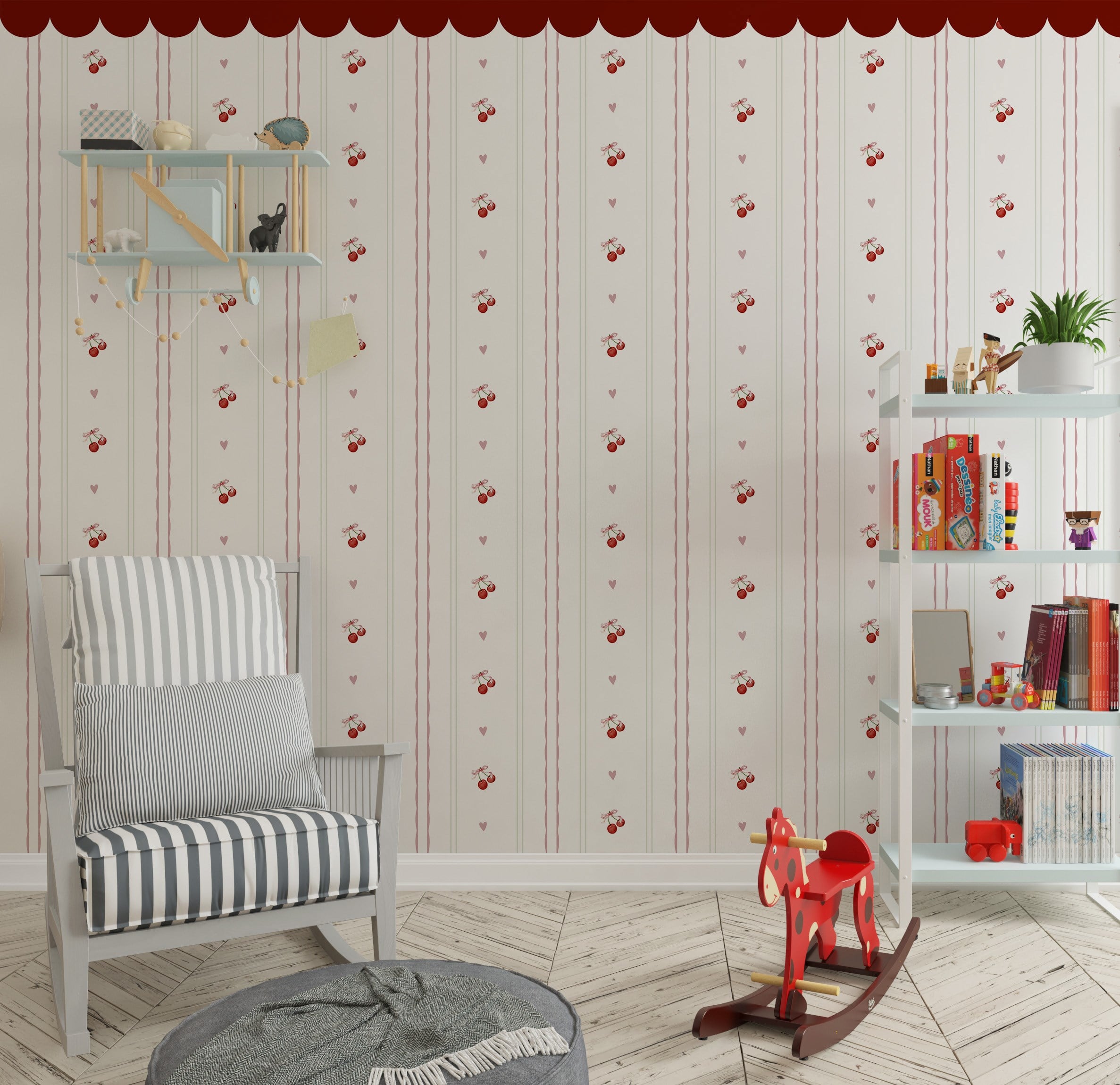Kirazlar ve Minik Kalpler Şeritli Bebek & Çocuk Odası Duvar Kağıdı
