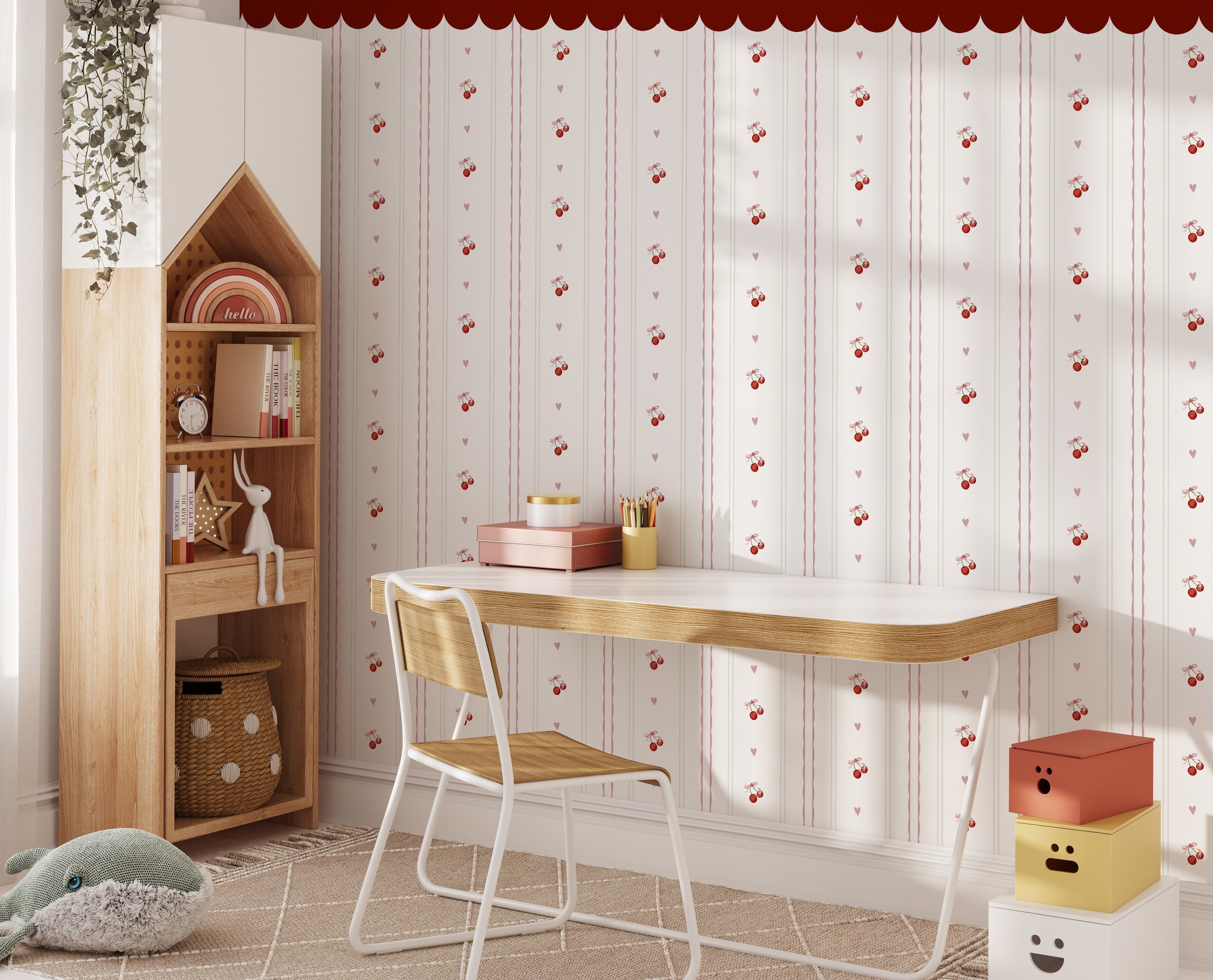 Kirazlar ve Minik Kalpler Şeritli Bebek & Çocuk Odası Duvar Kağıdı