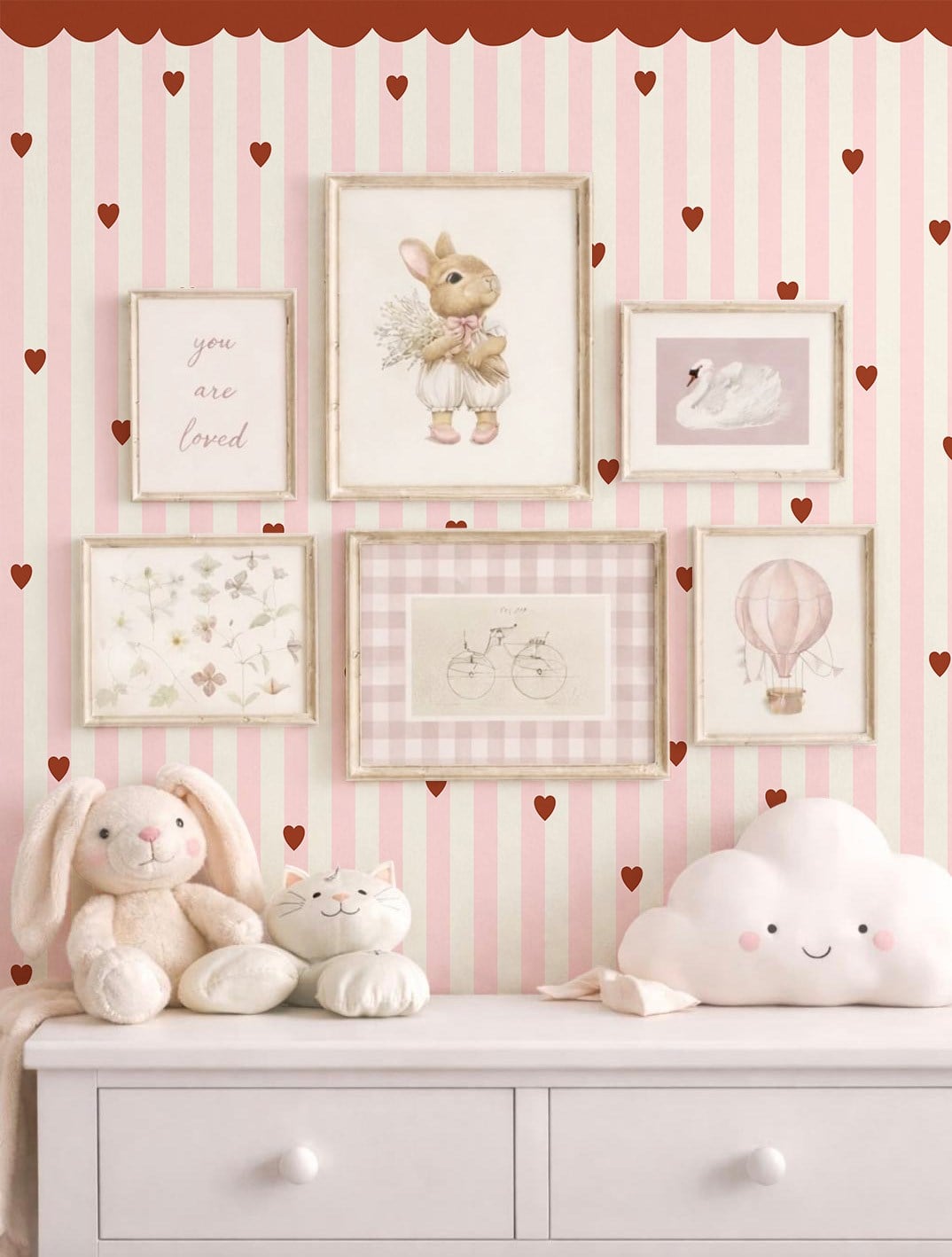 Kırmızı Tente ve Kalpler Pembe Şeritli Bebek & Çocuk Odası Duvar Kağıdı