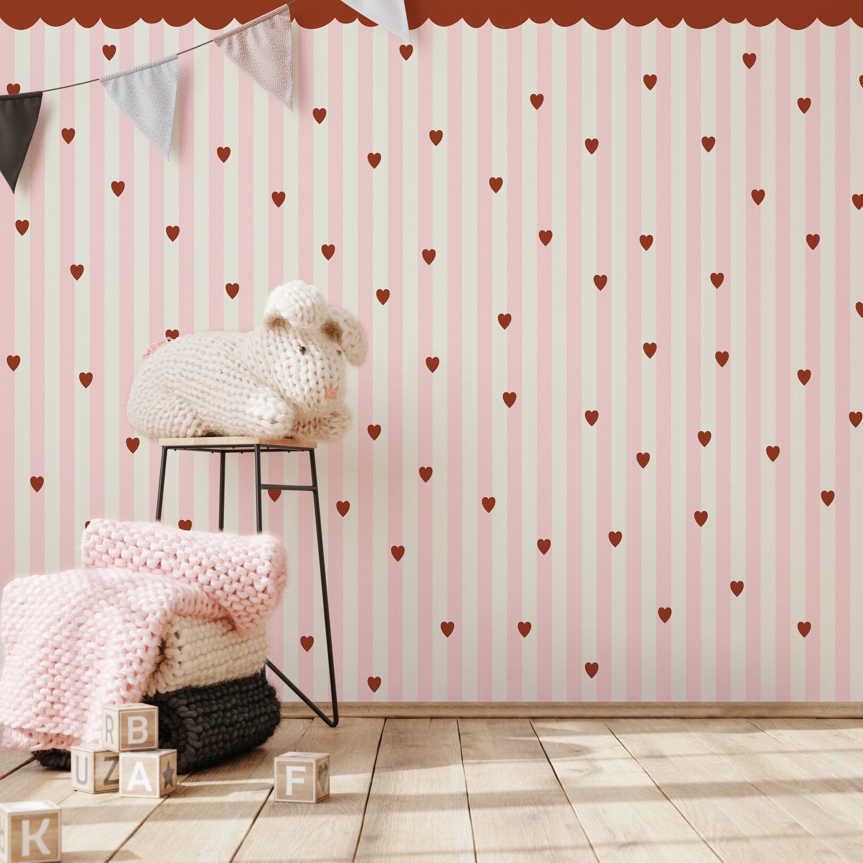 Kırmızı Tente ve Kalpler Pembe Şeritli Bebek & Çocuk Odası Duvar Kağıdı