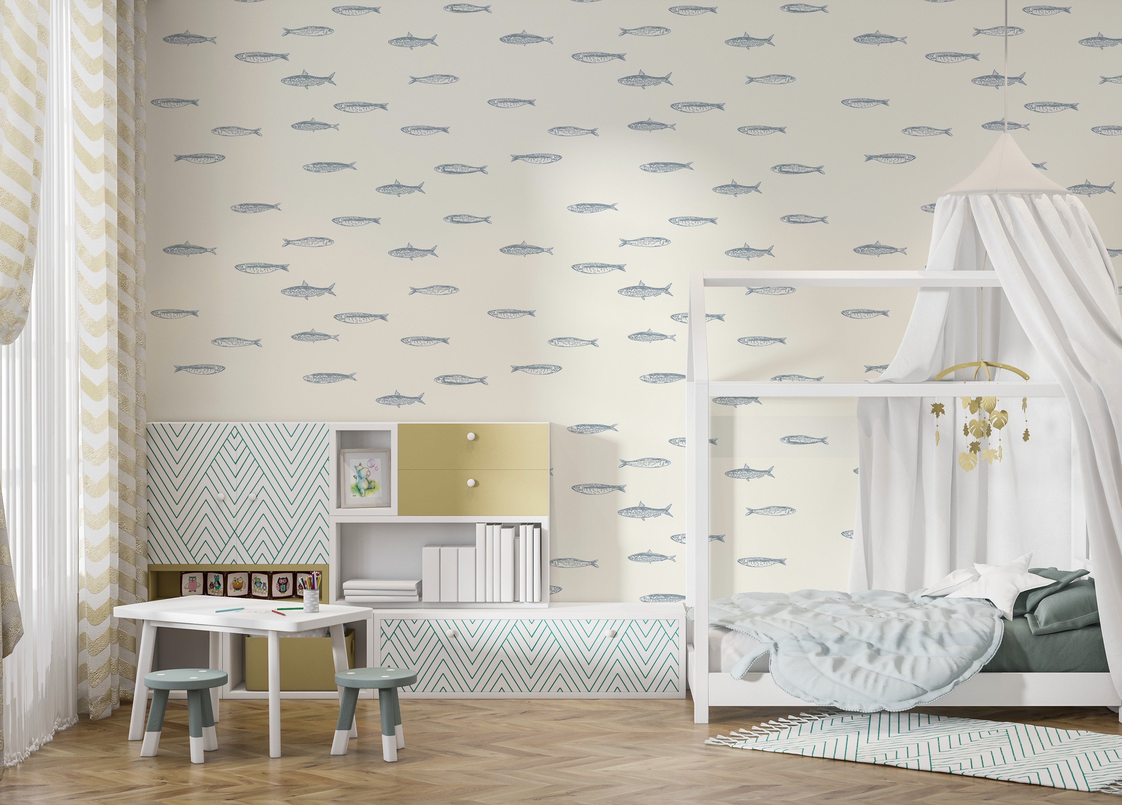 Kıyı Balıkları Soft Renk Sade Bebek & Çocuk Odası Duvar Kağıdı