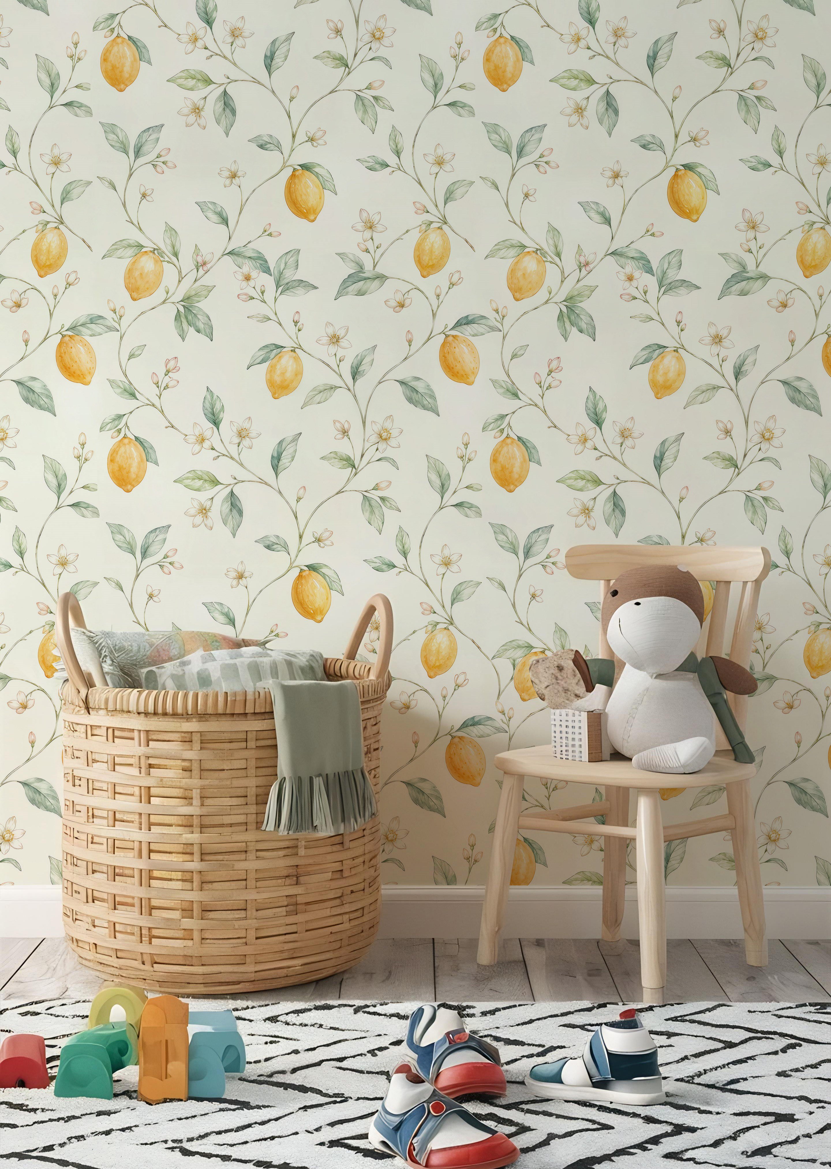 Limonlar ve Limon Çiçekleri Soft Renkler Tasarım Bebek & Çocuk Odası Duvar Kağıdı