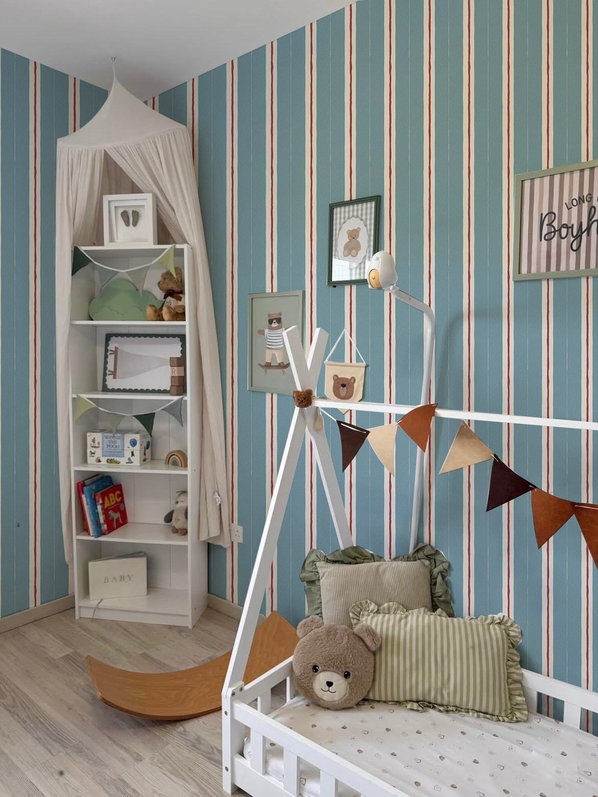 Mavi Kırmızı Çizgiler Retro Görünüm Konsept Tasarım Bebek & Çocuk Odası Duvar Kağıdı