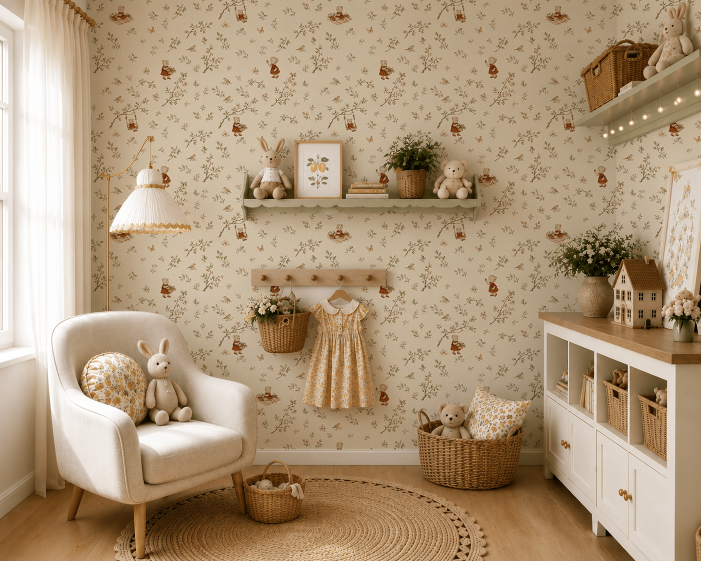 Minimal Ayıcıklar ve Yapraklar Piknik Konsept Bebek & Çocuk Odası Duvar Kağıdı