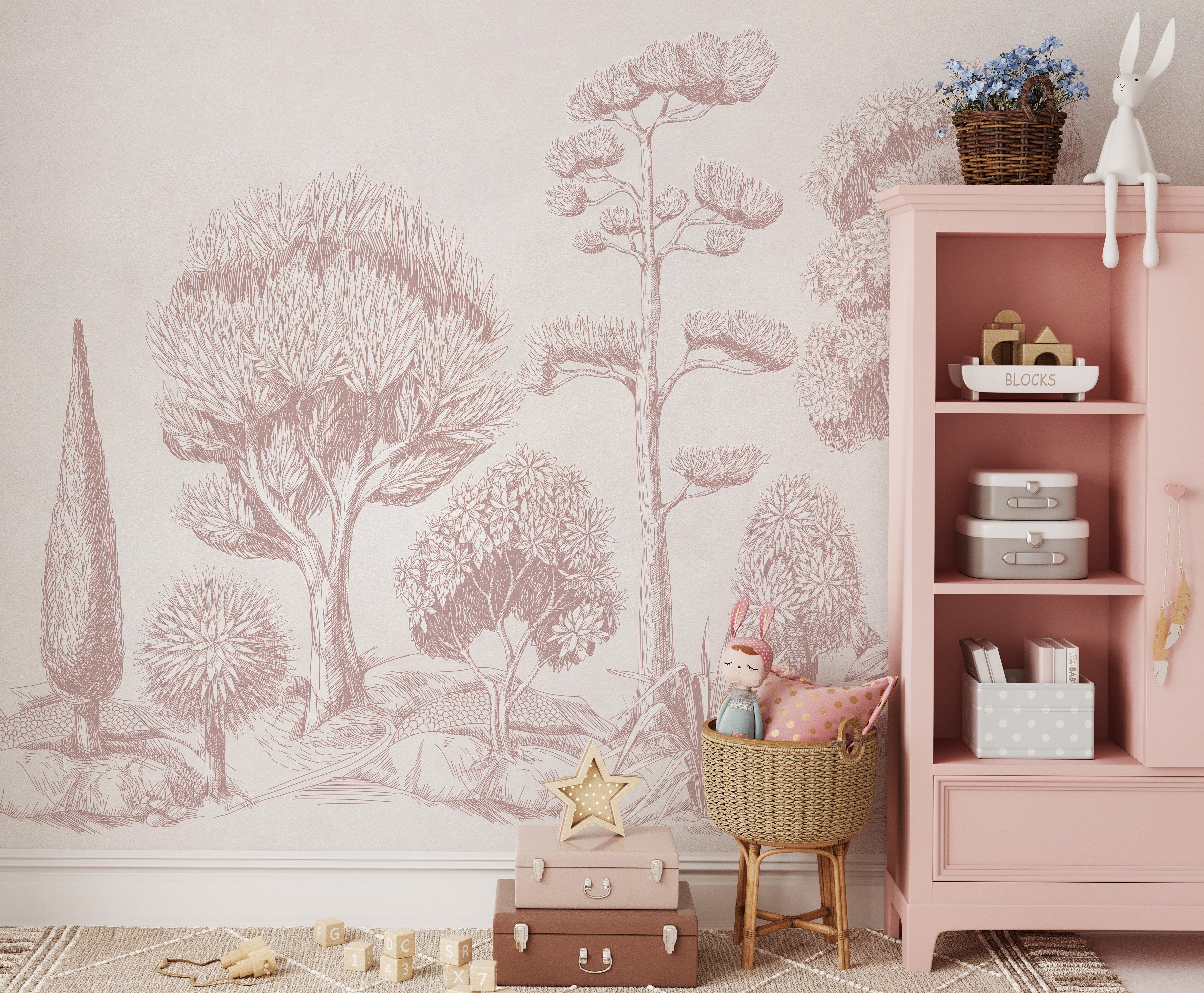 Monochrome Soft Pembe Ağaçlar Bebek & Çocuk Odası Duvar Kağıdı