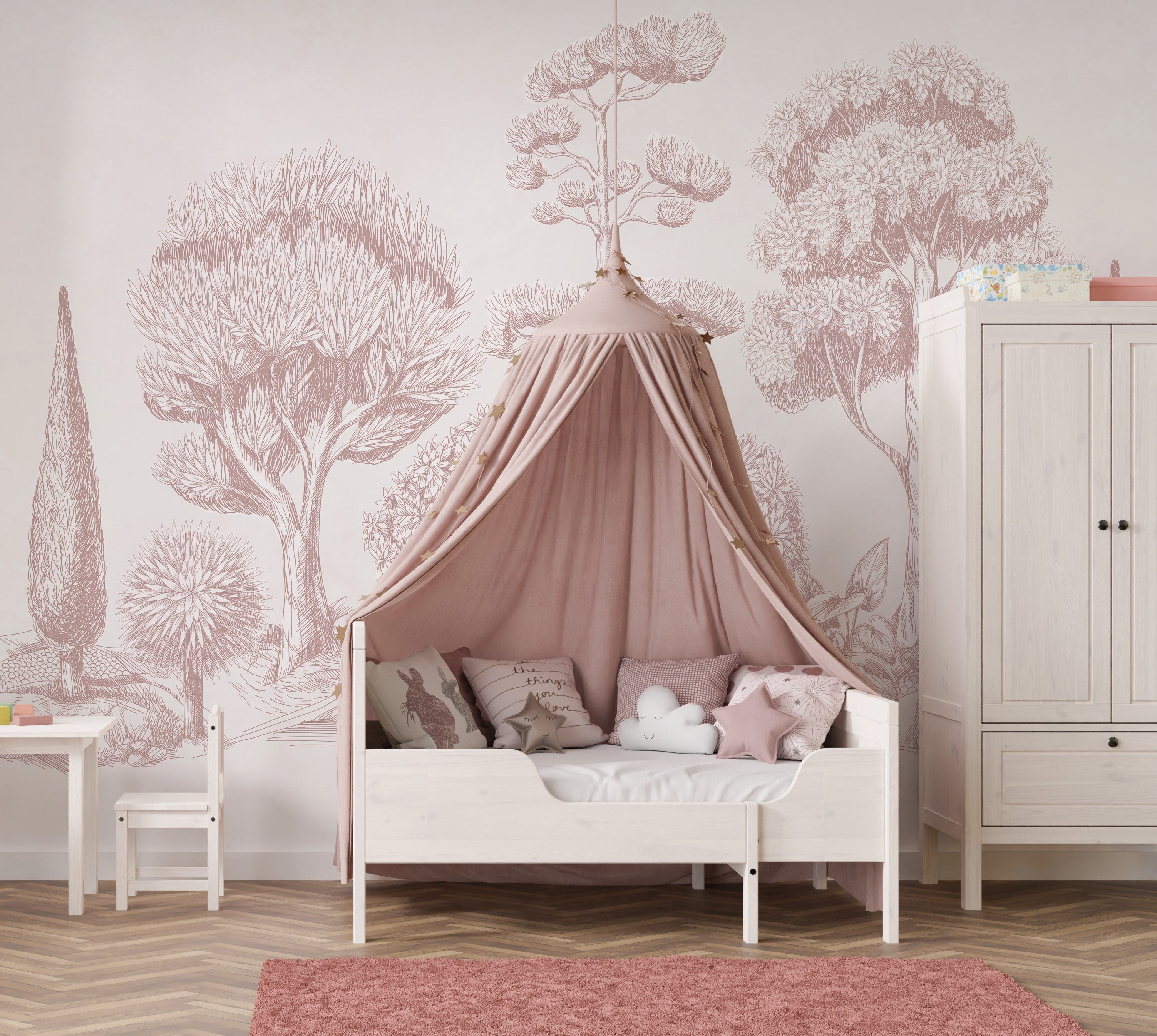 Monochrome Soft Pembe Ağaçlar Bebek & Çocuk Odası Duvar Kağıdı