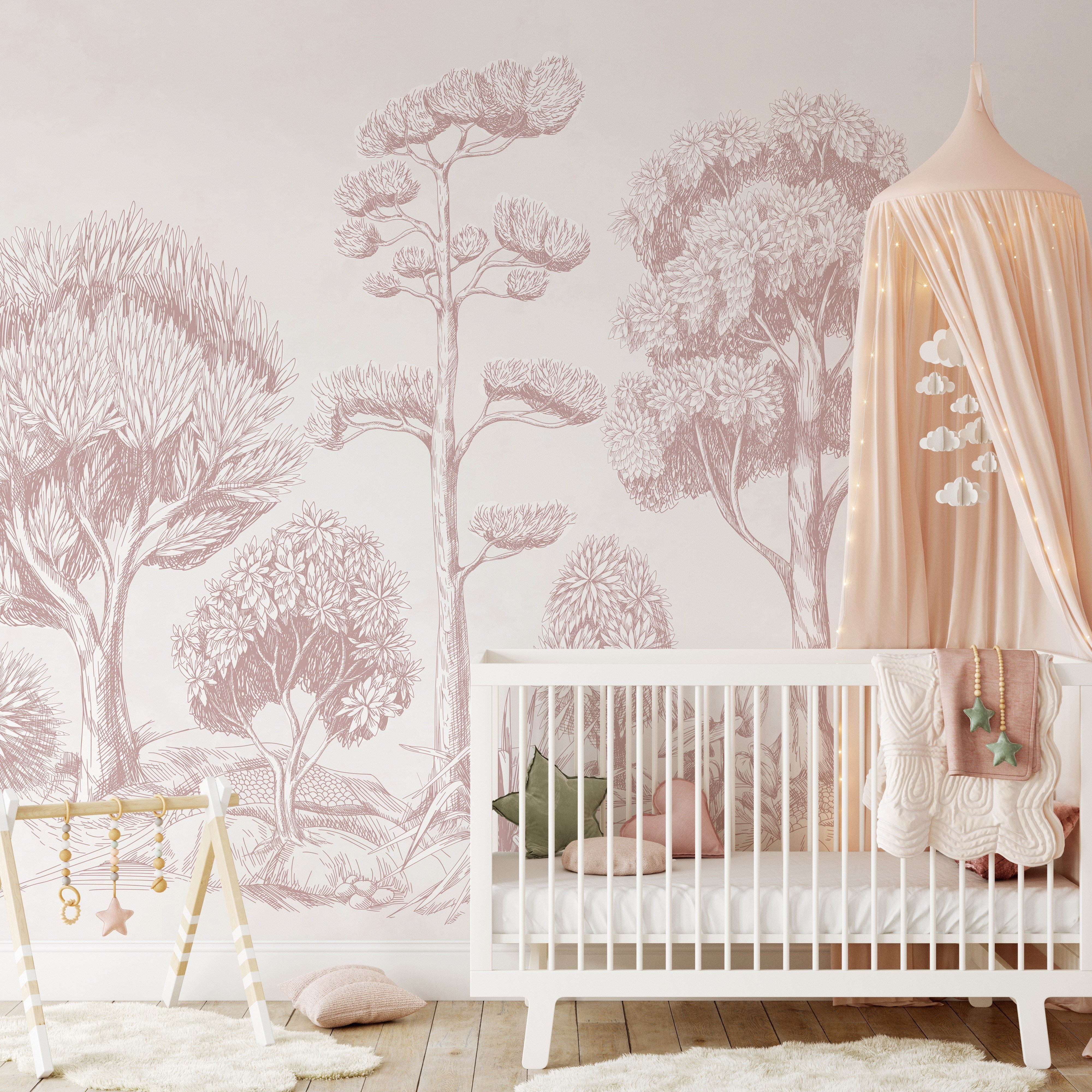 Monochrome Soft Pembe Ağaçlar Bebek & Çocuk Odası Duvar Kağıdı
