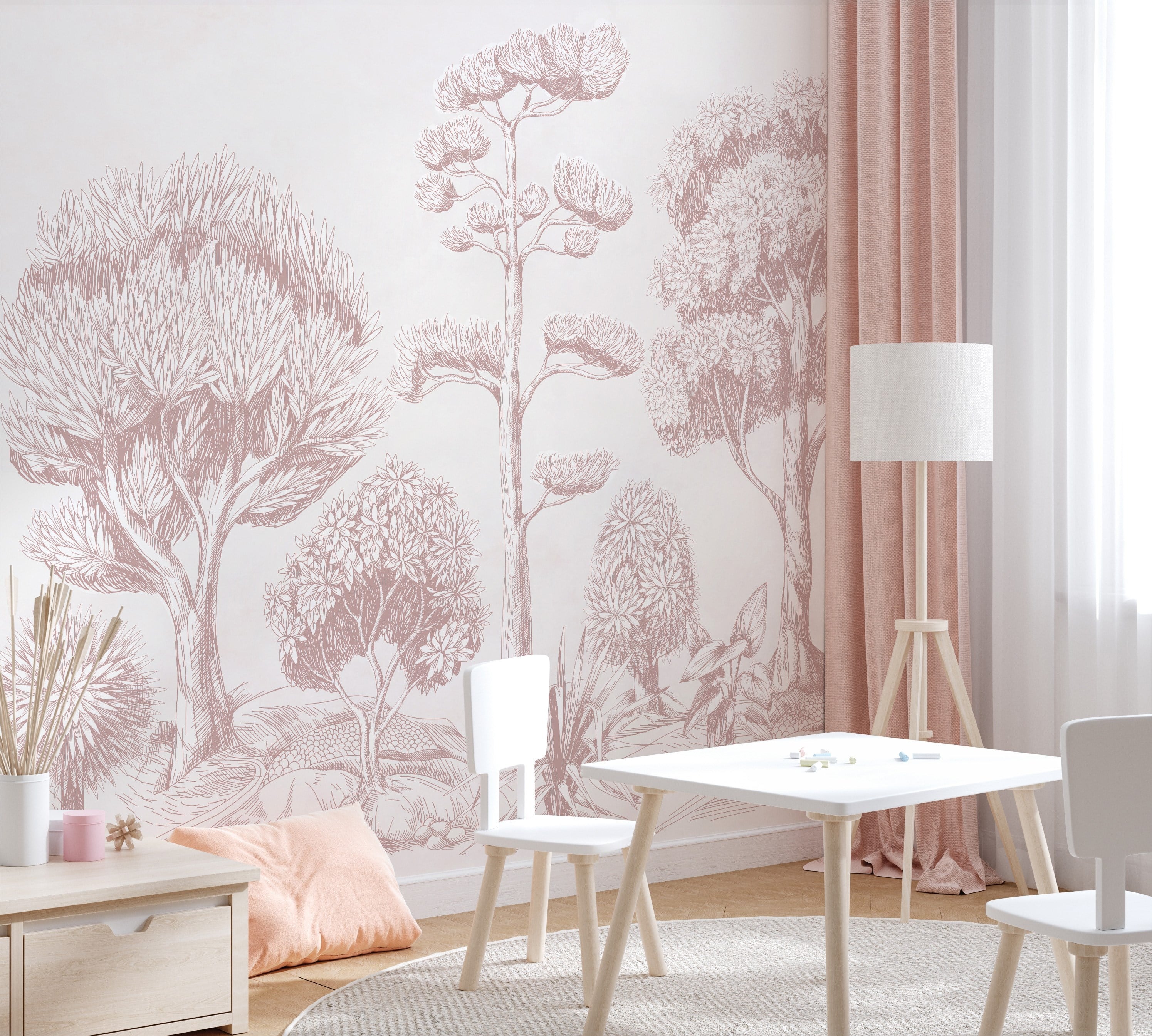 Monochrome Soft Pembe Ağaçlar Bebek & Çocuk Odası Duvar Kağıdı