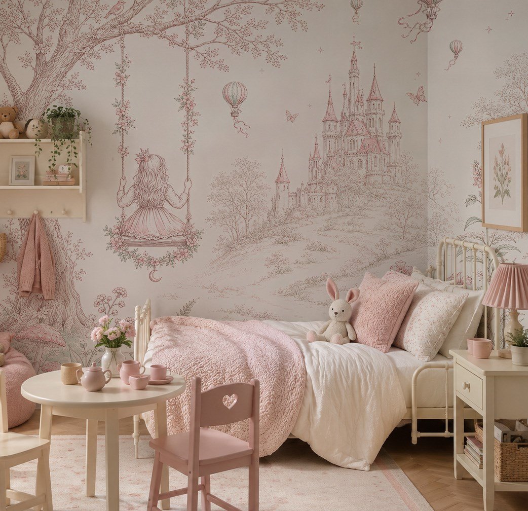 Monochrome Tasarım Salıncaktaki Kız ve Pembe Şato Konsept Bebek & Çocuk Odası Duvar Kağıdı