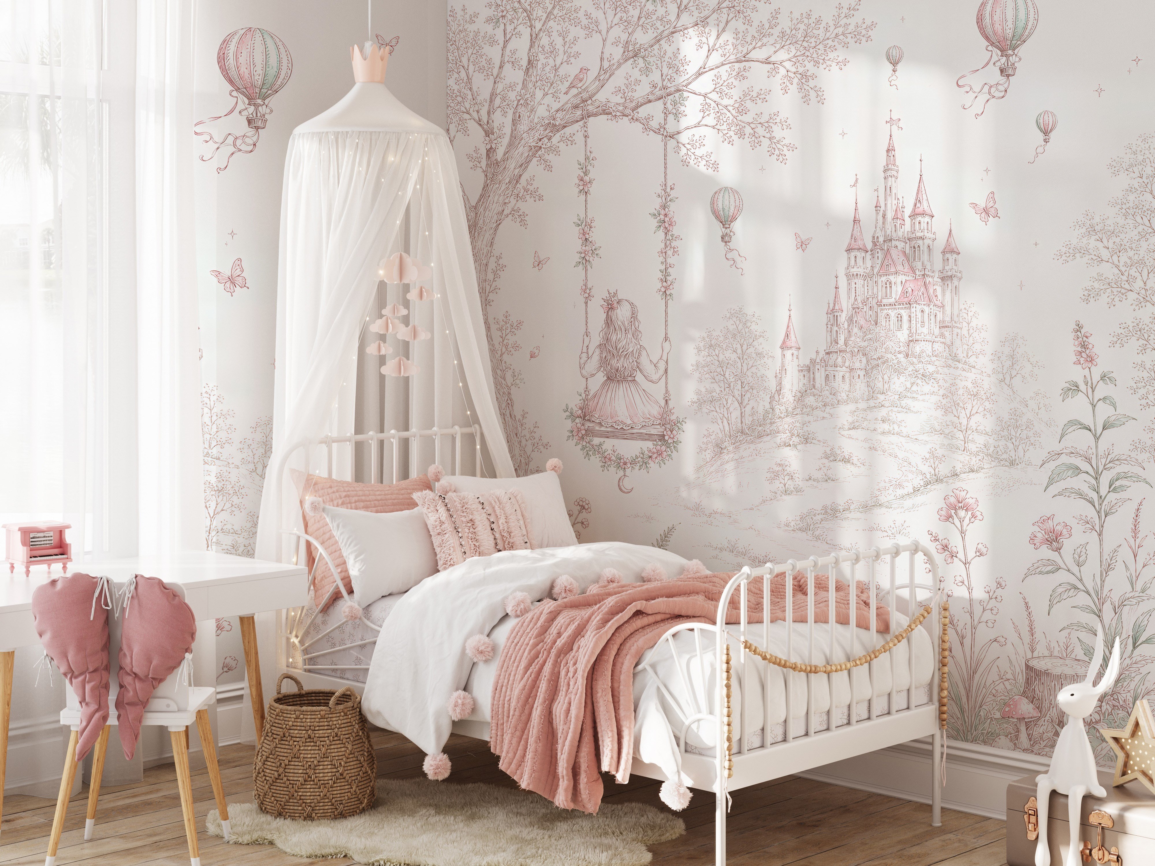 Monochrome Tasarım Salıncaktaki Kız ve Pembe Şato Konsept Bebek & Çocuk Odası Duvar Kağıdı