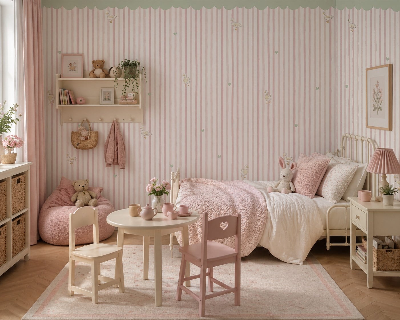 Pastel Yeşil Tente Pembe Şeritler Ördek ve Kalpler Bebek & Çocuk Odası Duvar Kağıdı
