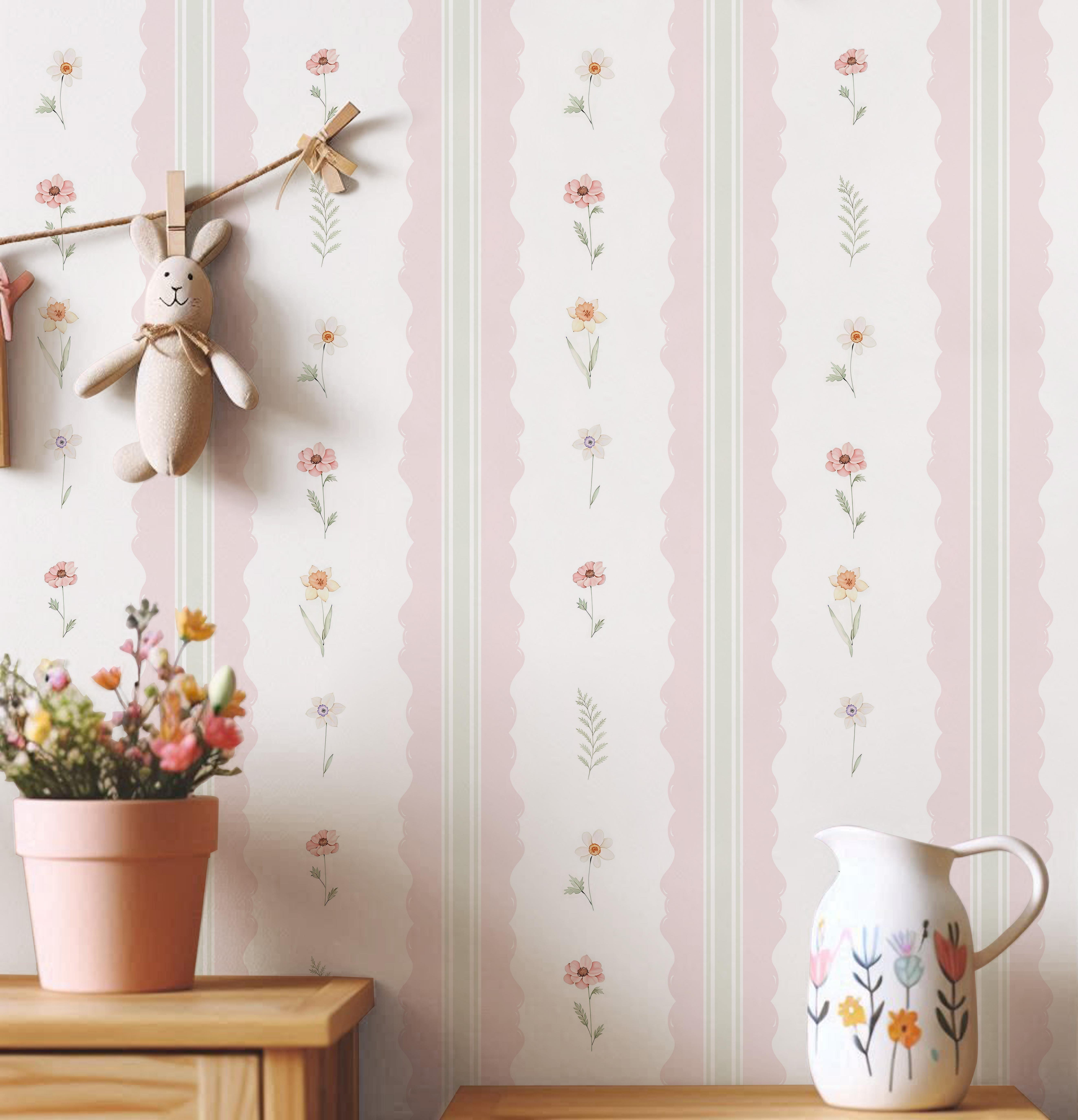 Pembe Dalgalı Şeritler ve Minimal Çiçekler Bordür Desen Pastel Tonlar Bebek & Çocuk Odası Duvar Kağıdı