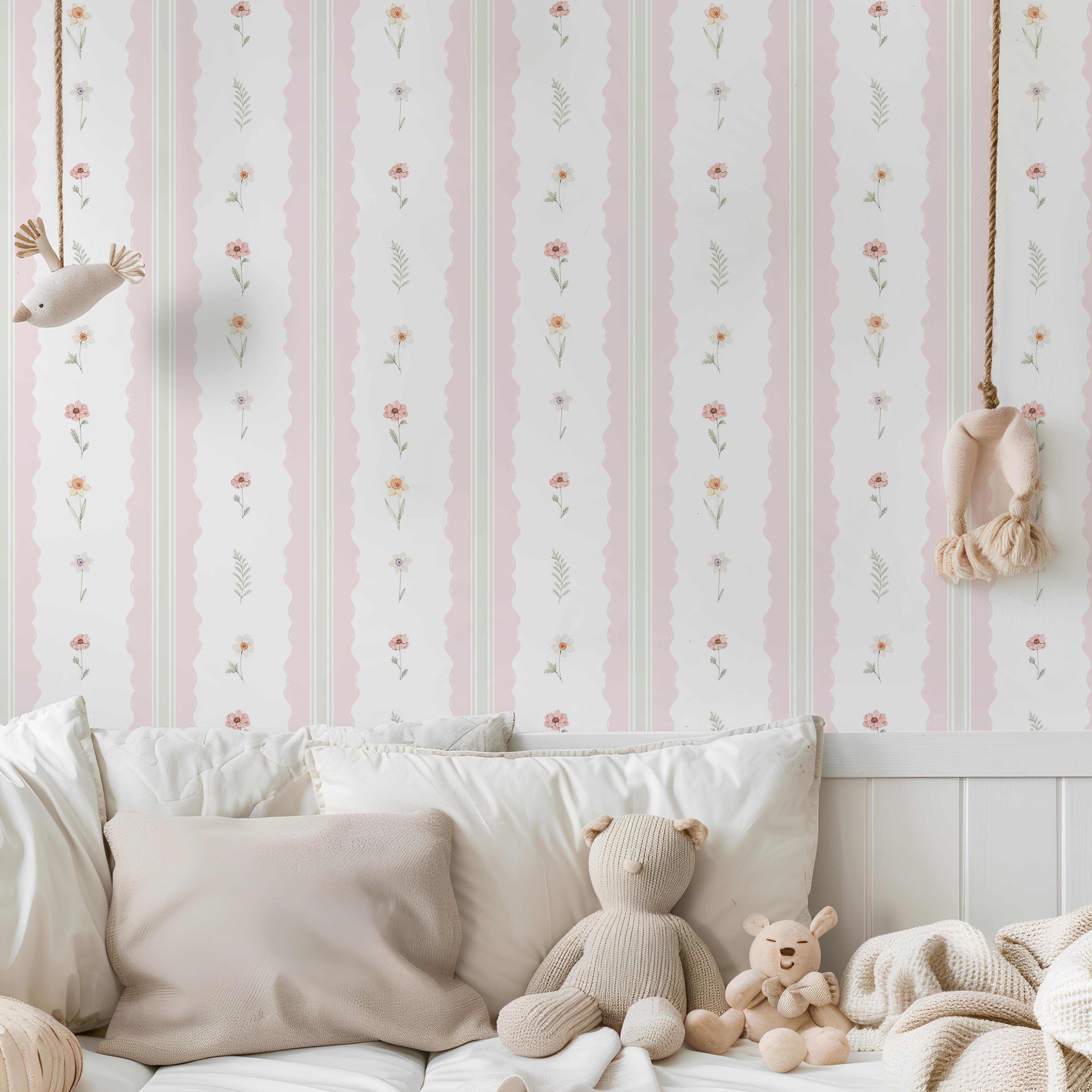 Pembe Dalgalı Şeritler ve Minimal Çiçekler Bordür Desen Pastel Tonlar Bebek & Çocuk Odası Duvar Kağıdı