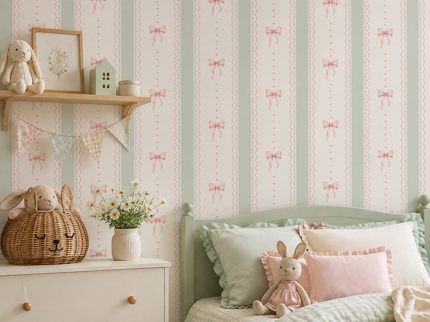 Pembe Fiyonklar ve Minik Yıldız Detaylı Şerit Konsept Bebek & Çocuk Odası Duvar Kağıdı