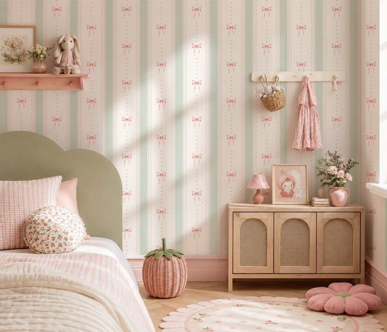 Pembe Fiyonklar ve Minik Yıldız Detaylı Şerit Konsept Bebek & Çocuk Odası Duvar Kağıdı