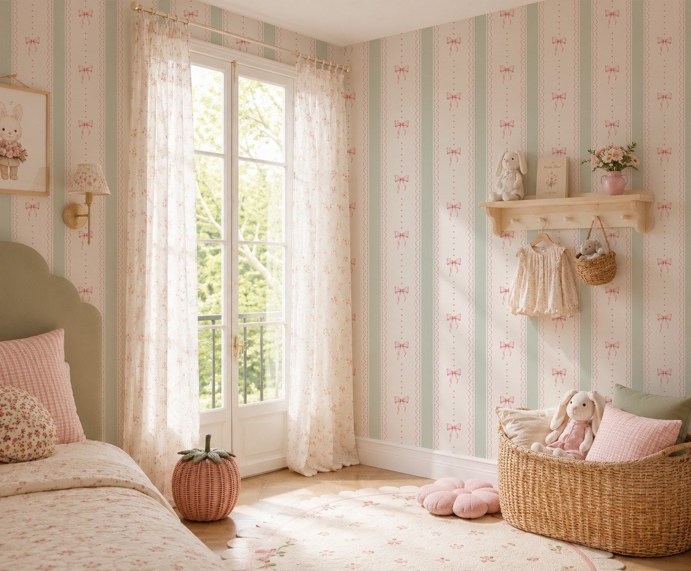 Pembe Fiyonklar ve Minik Yıldız Detaylı Şerit Konsept Bebek & Çocuk Odası Duvar Kağıdı
