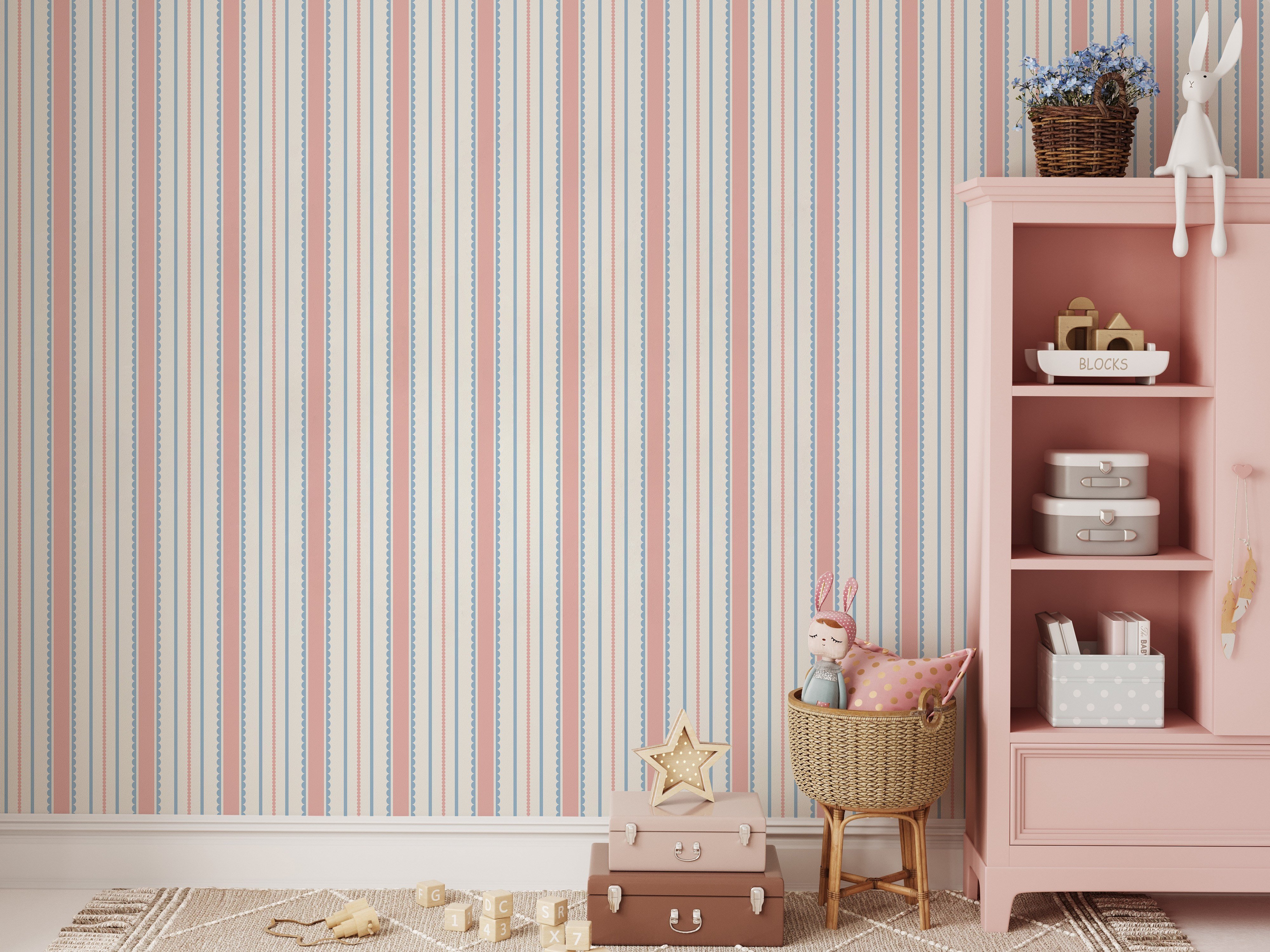 Pembe Mavi Şeritler Mini Bebe Yaka Detay Tasarım Bebek & Çocuk Odası Duvar Kağıdı