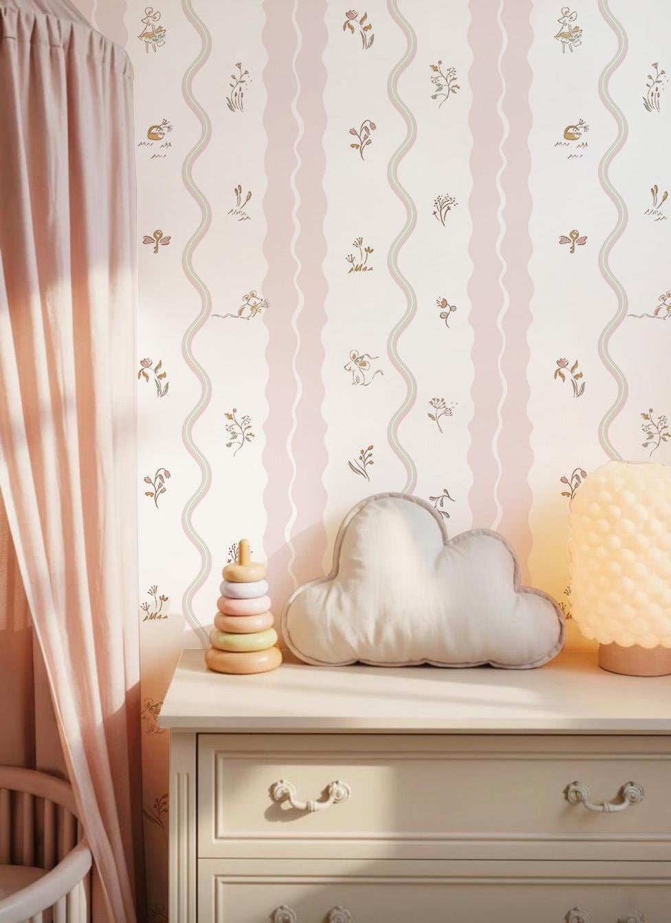Pembe Yeşil Dalgalar ve Minimal Bitkiler Zarif Bebek & Çocuk Odası Duvar Kağıdı