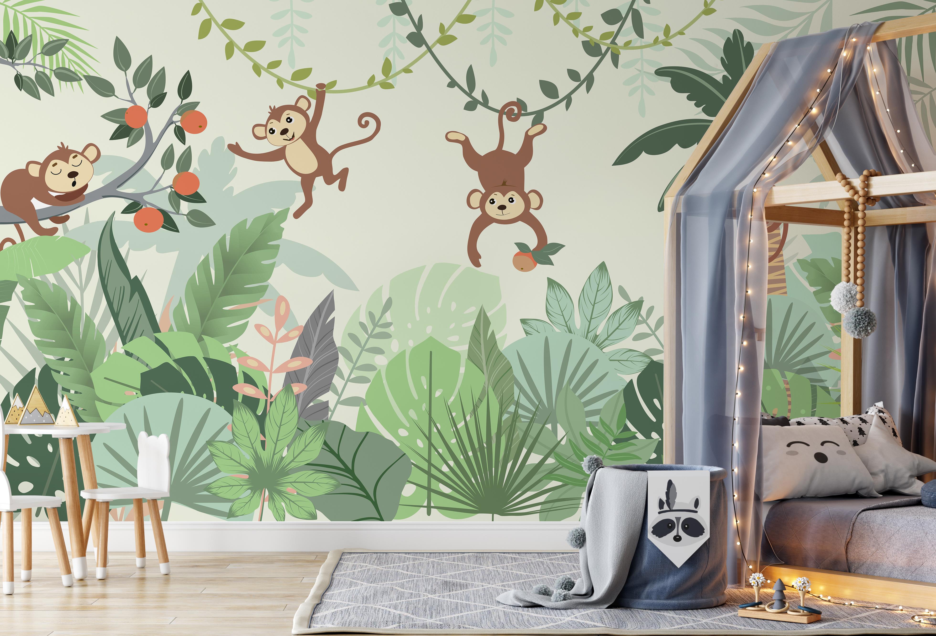 Sallanan Maymunlar ve Maymun Ormanı Çocuk Odası Duvar Kağıdı