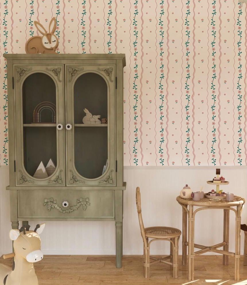 Sarmal Çiçekler ve Dalgalı Çizgiler Bebek & Çocuk Odası Duvar Kağıdı