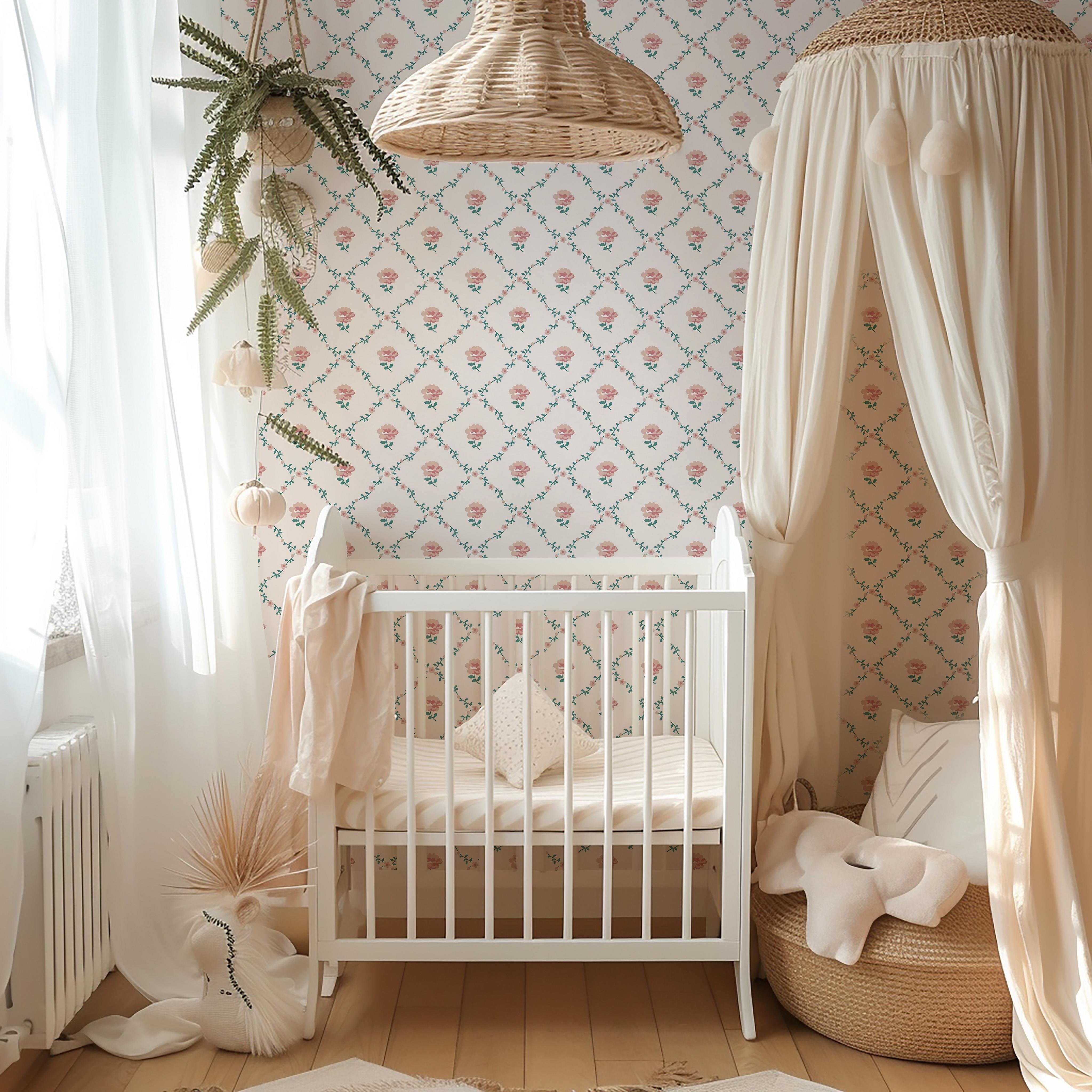 Sarmal Yapraklar ve Minik Çiçek Konseptli Minimal Desen Bebek & Çocuk Odası Duvar Kağıdı