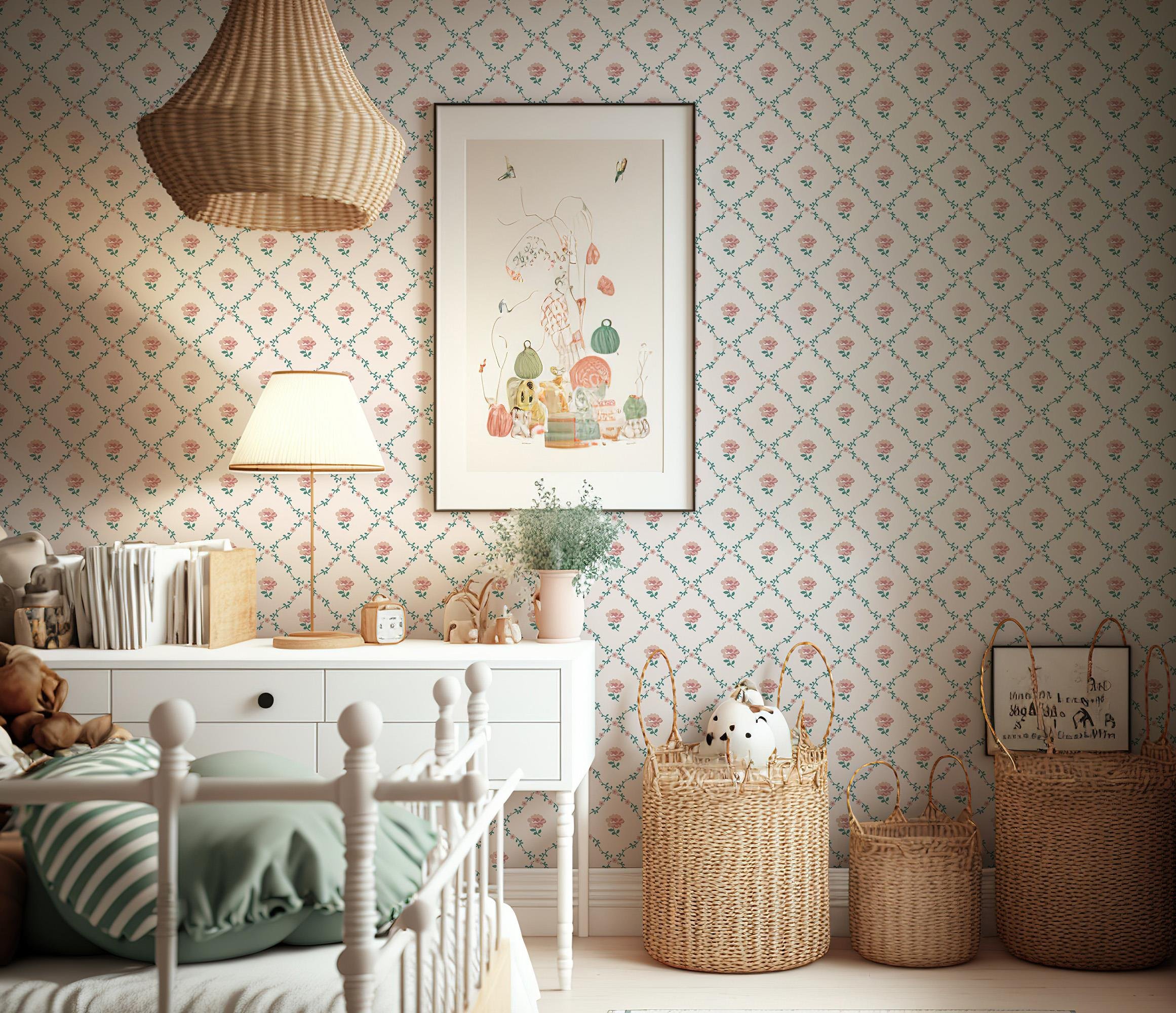Sarmal Yapraklar ve Minik Çiçek Konseptli Minimal Desen Bebek & Çocuk Odası Duvar Kağıdı