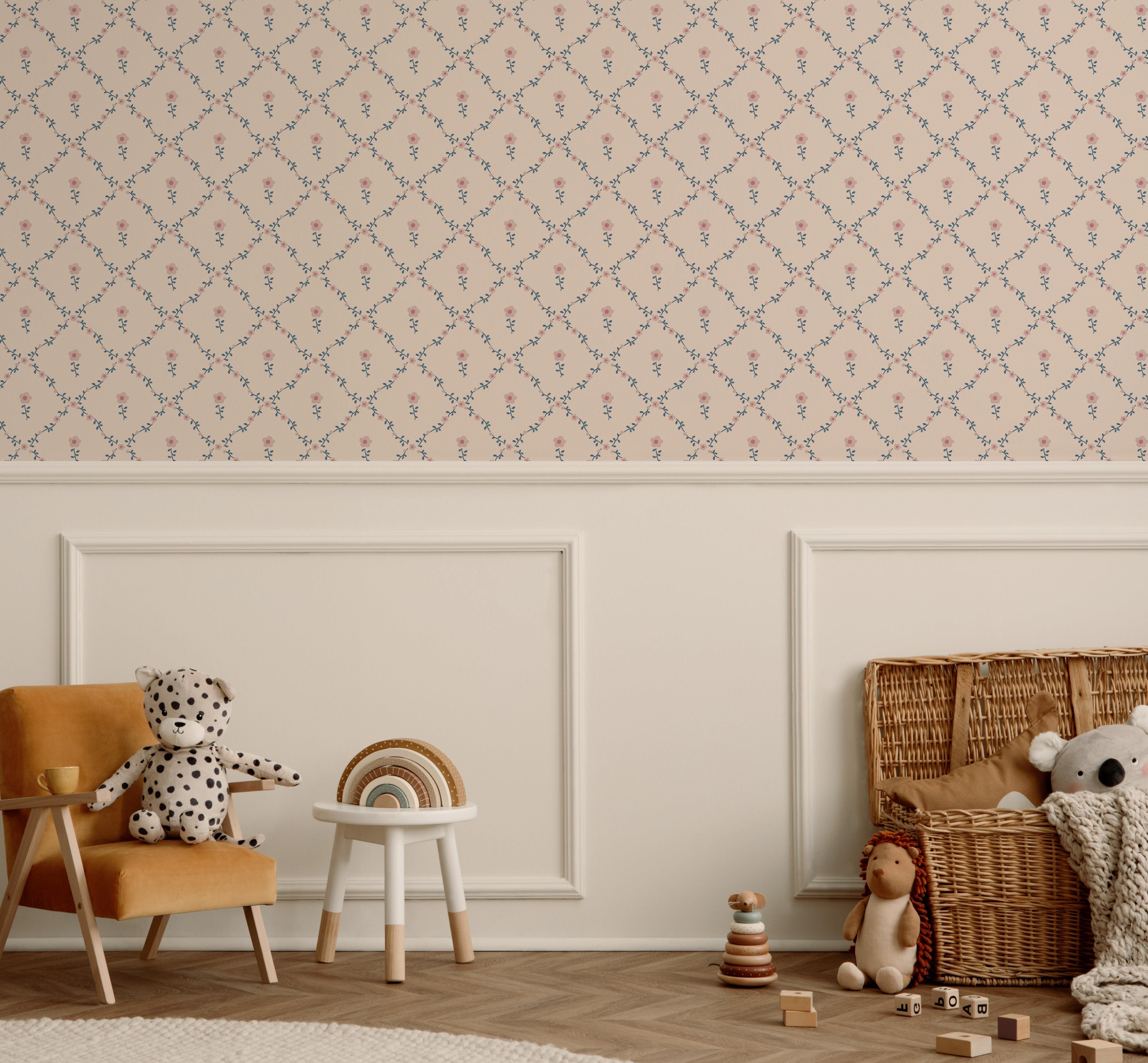 Sarmal Yapraklar ve Minik Yalın Çiçek Konseptli Minimal Desen Bebek & Çocuk Odası Duvar Kağıdı