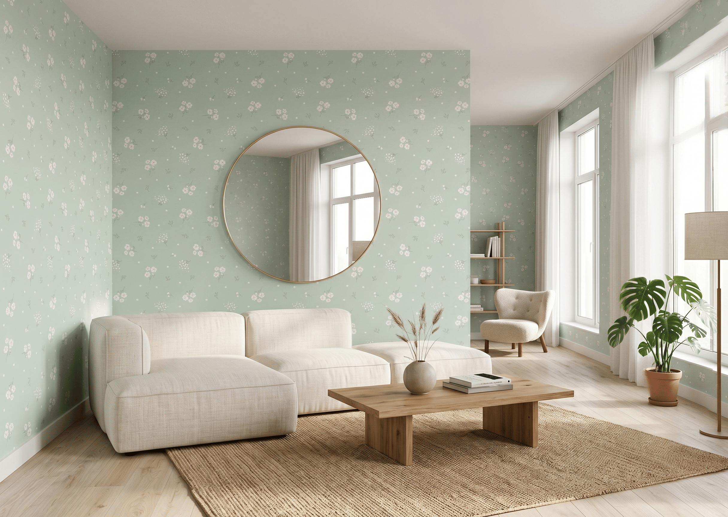 Soft Yeşil Renk Minimal Çiçekler Duvar Kağıdı