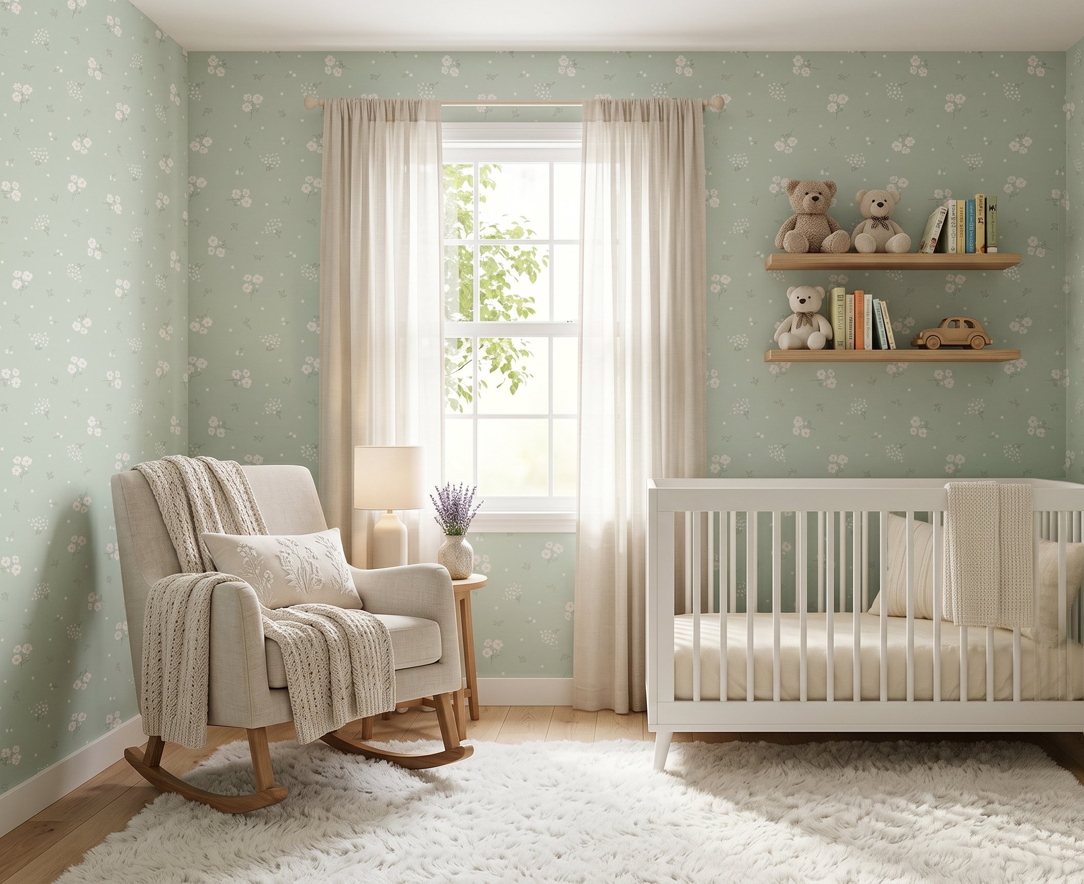 Soft Yeşil Renk Minimal Çiçekler Duvar Kağıdı