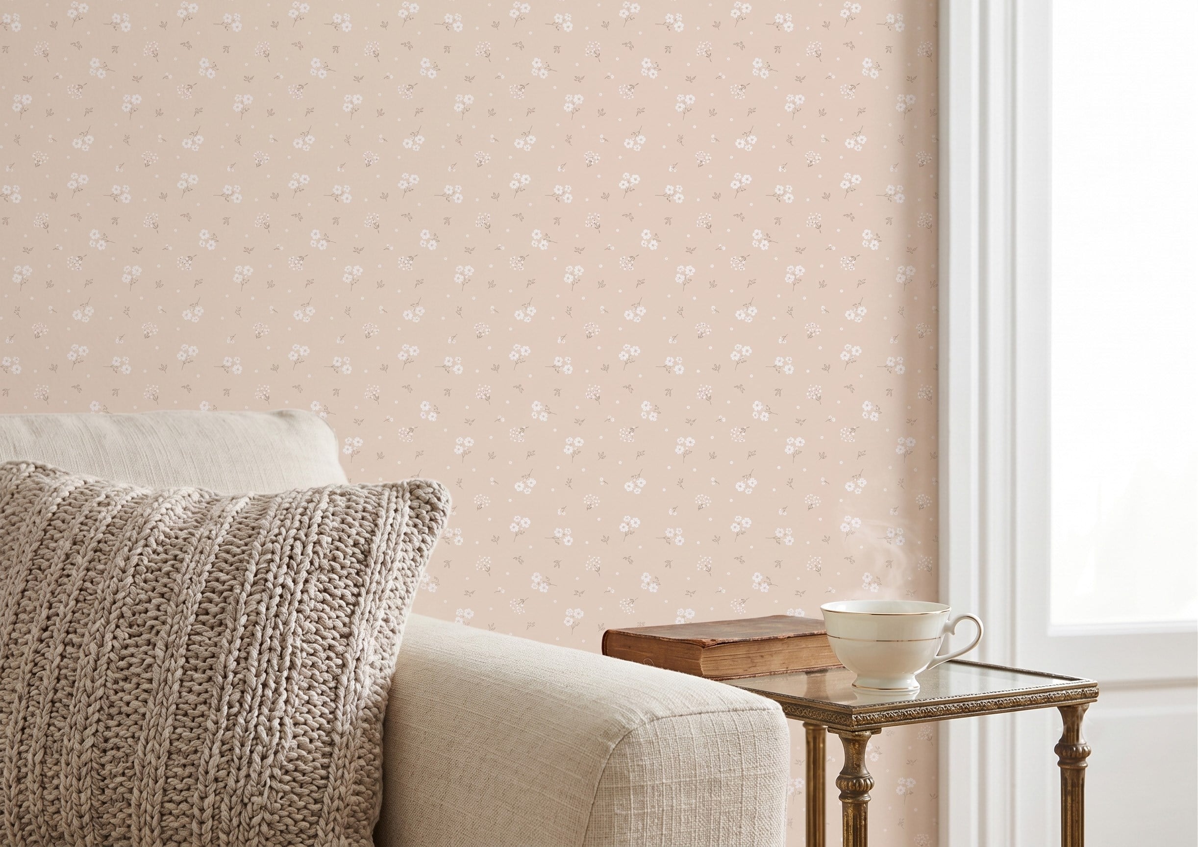 Somon Soft Renk Minimal Çiçekler Duvar Kağıdı
