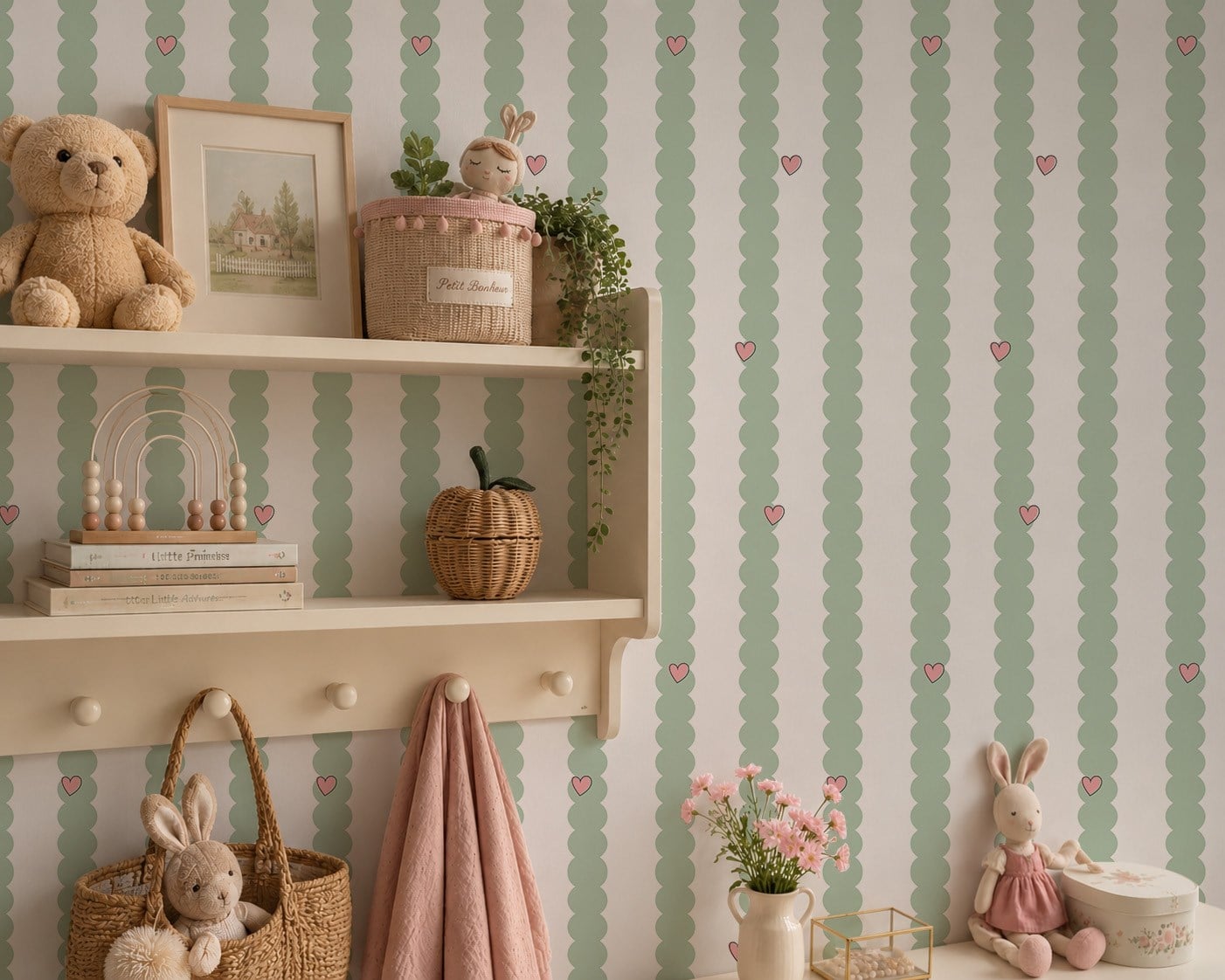 Yeşil Bombeler ve Minik Pembe Kalpler Bebek & Çocuk Odası Duvar Kağıdı