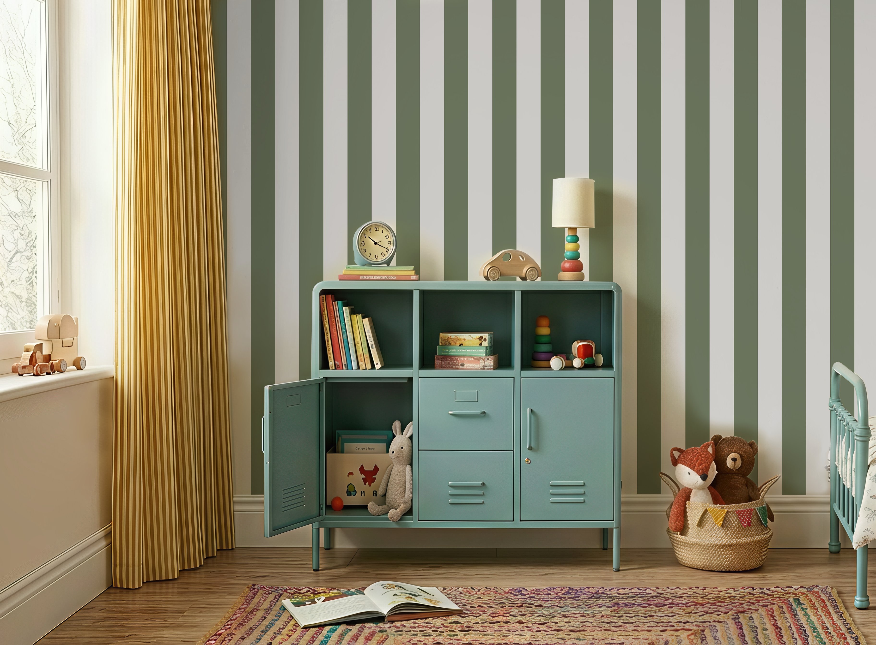 Yeşil Geniş Şeritler Bebek & Çocuk Odası Duvar Kağıdı