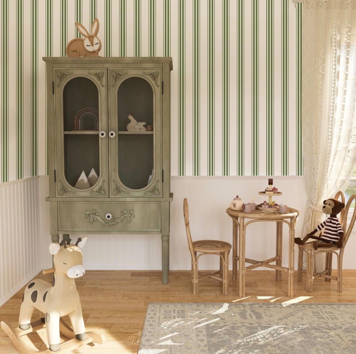 Yeşil İnce ve Kalın Şeritler Bebek & Çocuk Odası Duvar Kağıdı